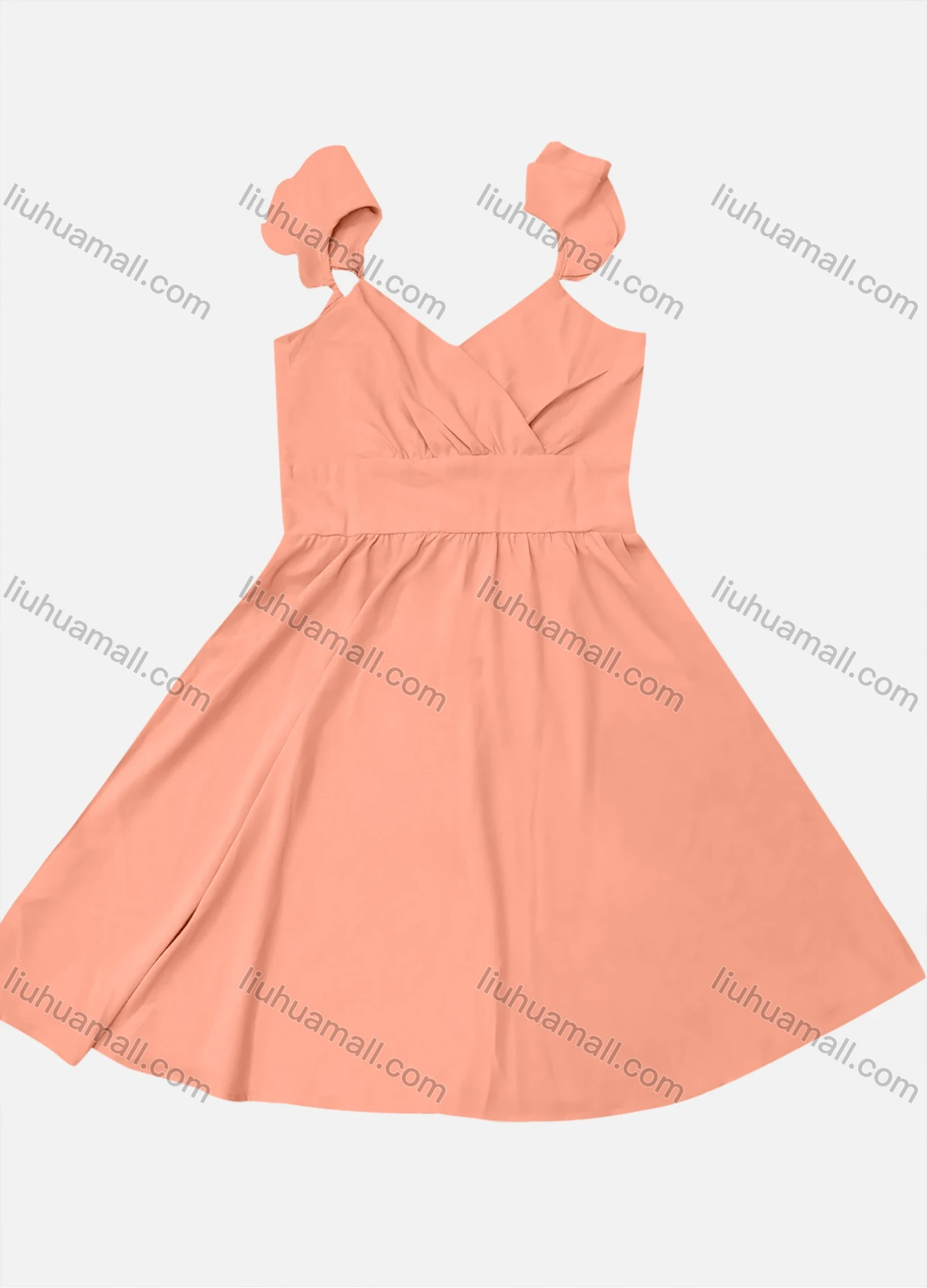 Wholesale Women's Casual Plain Cold Shoulder Wrap V Neck Ruffle Sleeve Midi Dress - Liuhuamall