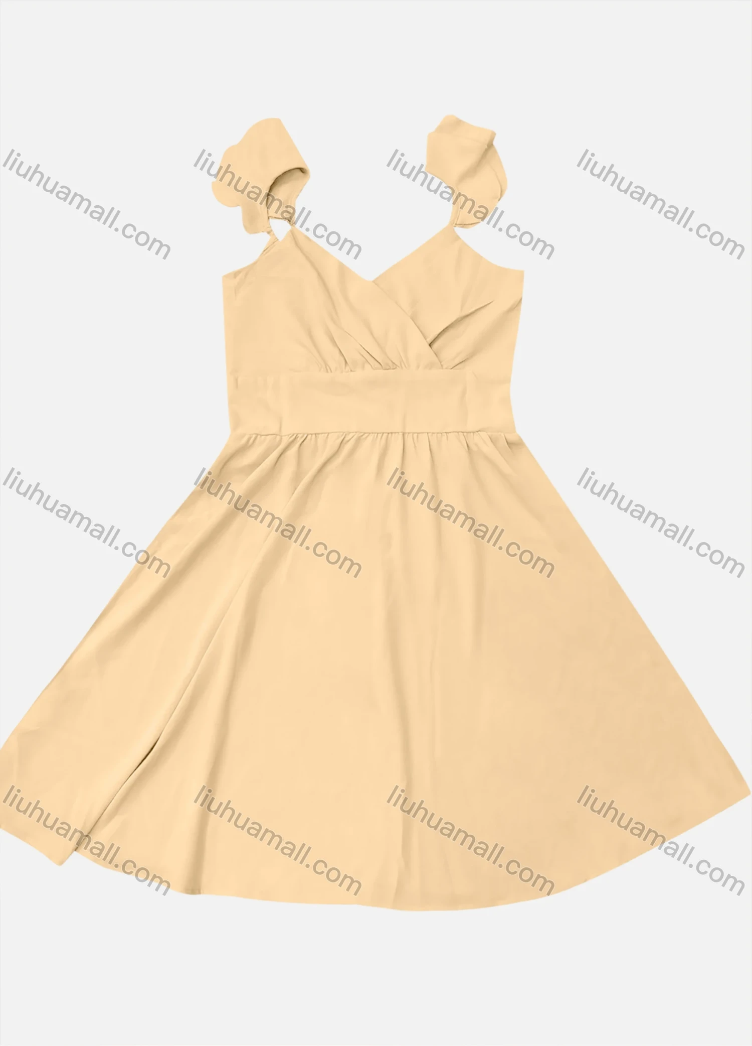 Wholesale Women's Casual Plain Cold Shoulder Wrap V Neck Ruffle Sleeve Midi Dress - Liuhuamall