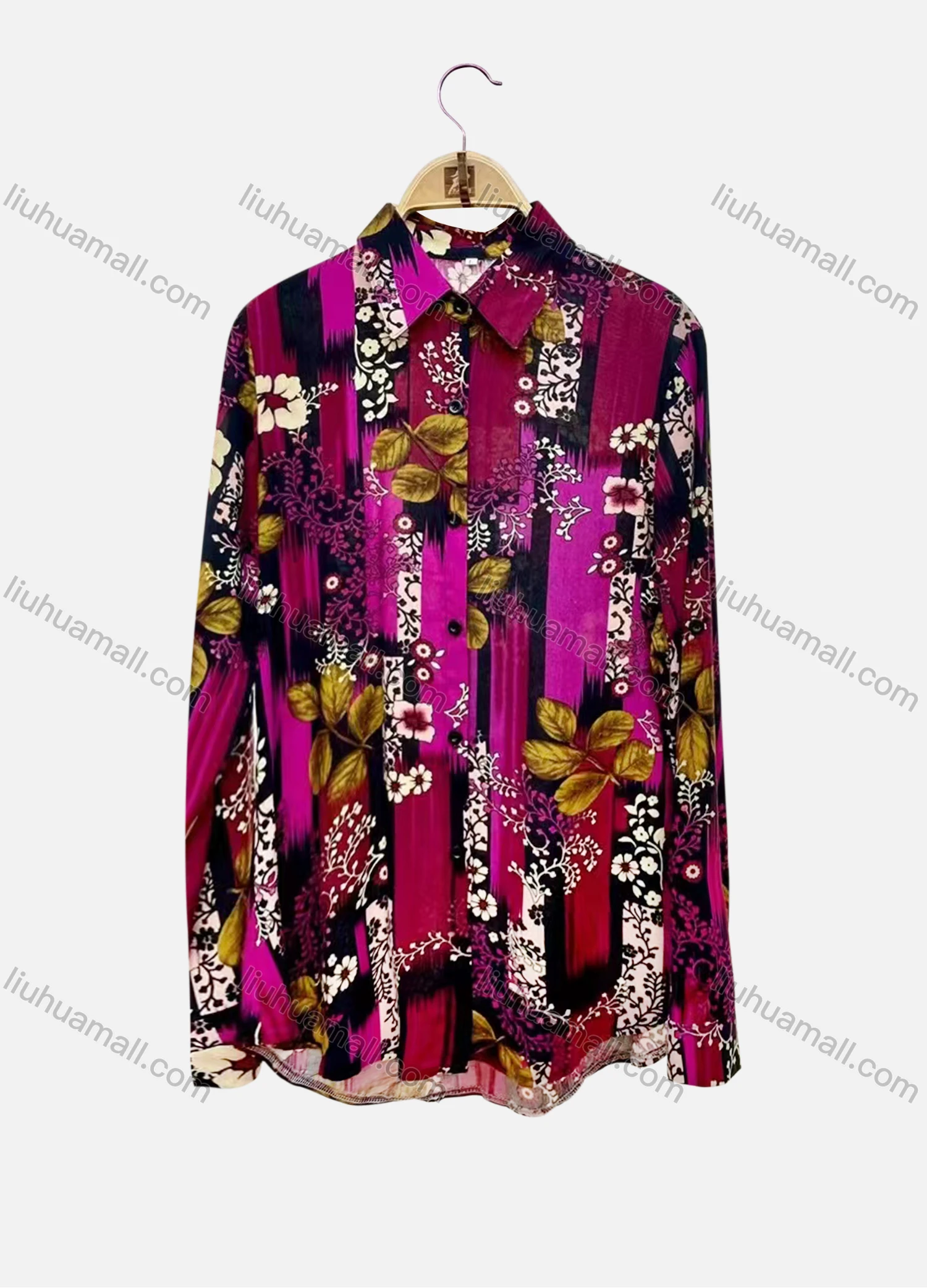 Wholesale Women's Vintage Long Sleeve Floral Leaf Print Button Down Shirts - Liuhuamall