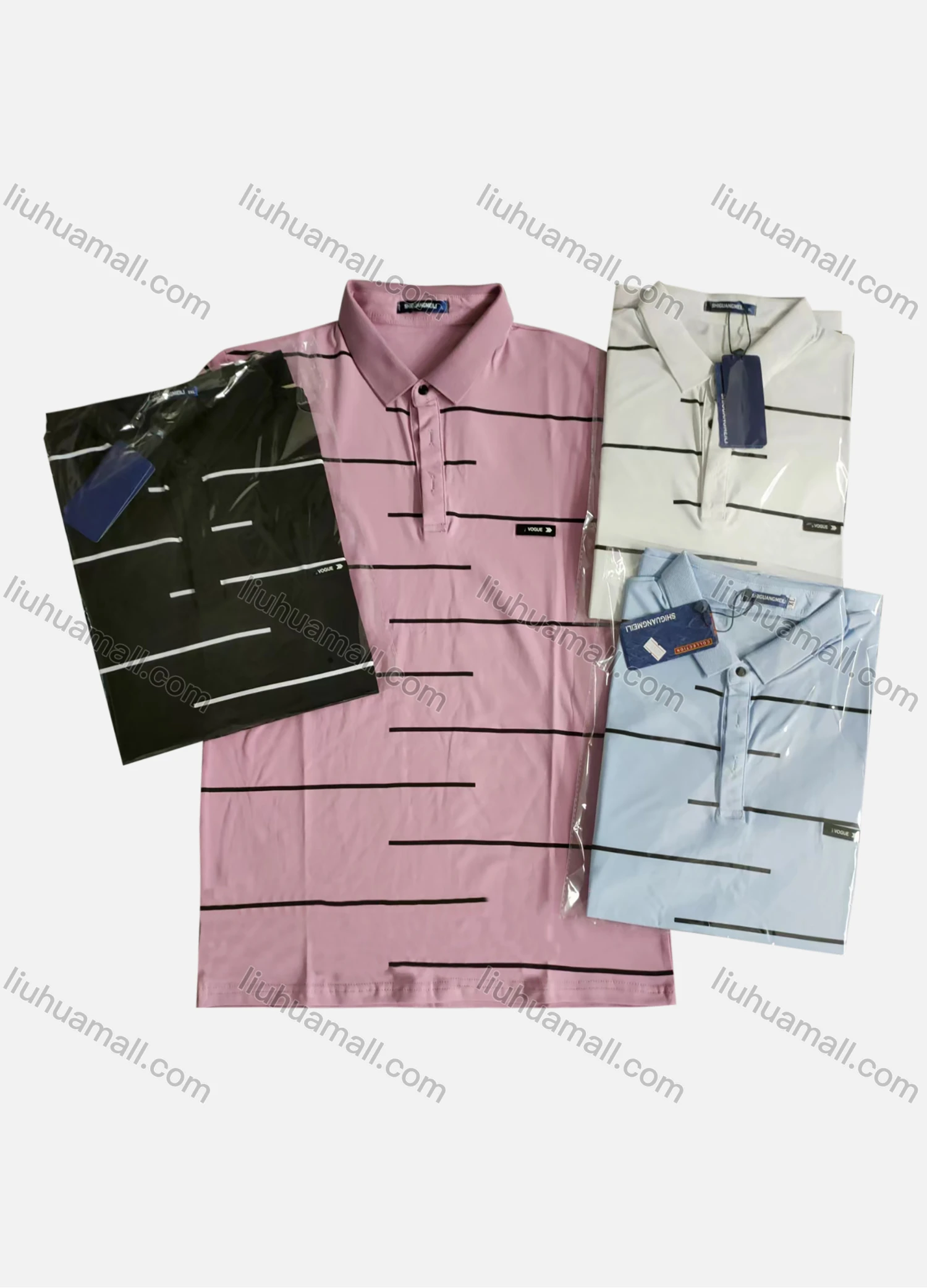 Wholesale Men's Short Sleeve Patch Label Striped Polo Shirt - Liuhuamall