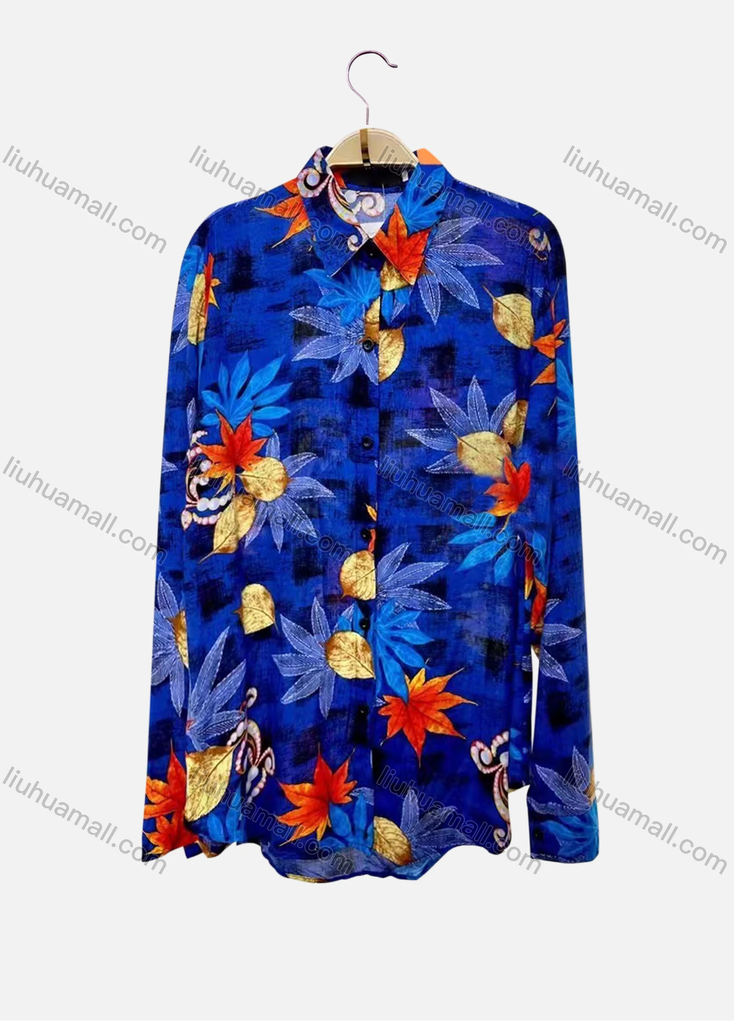 Wholesale Women's Vintage Long Sleeve Leaf Print Button Down Shirts - Liuhuamall