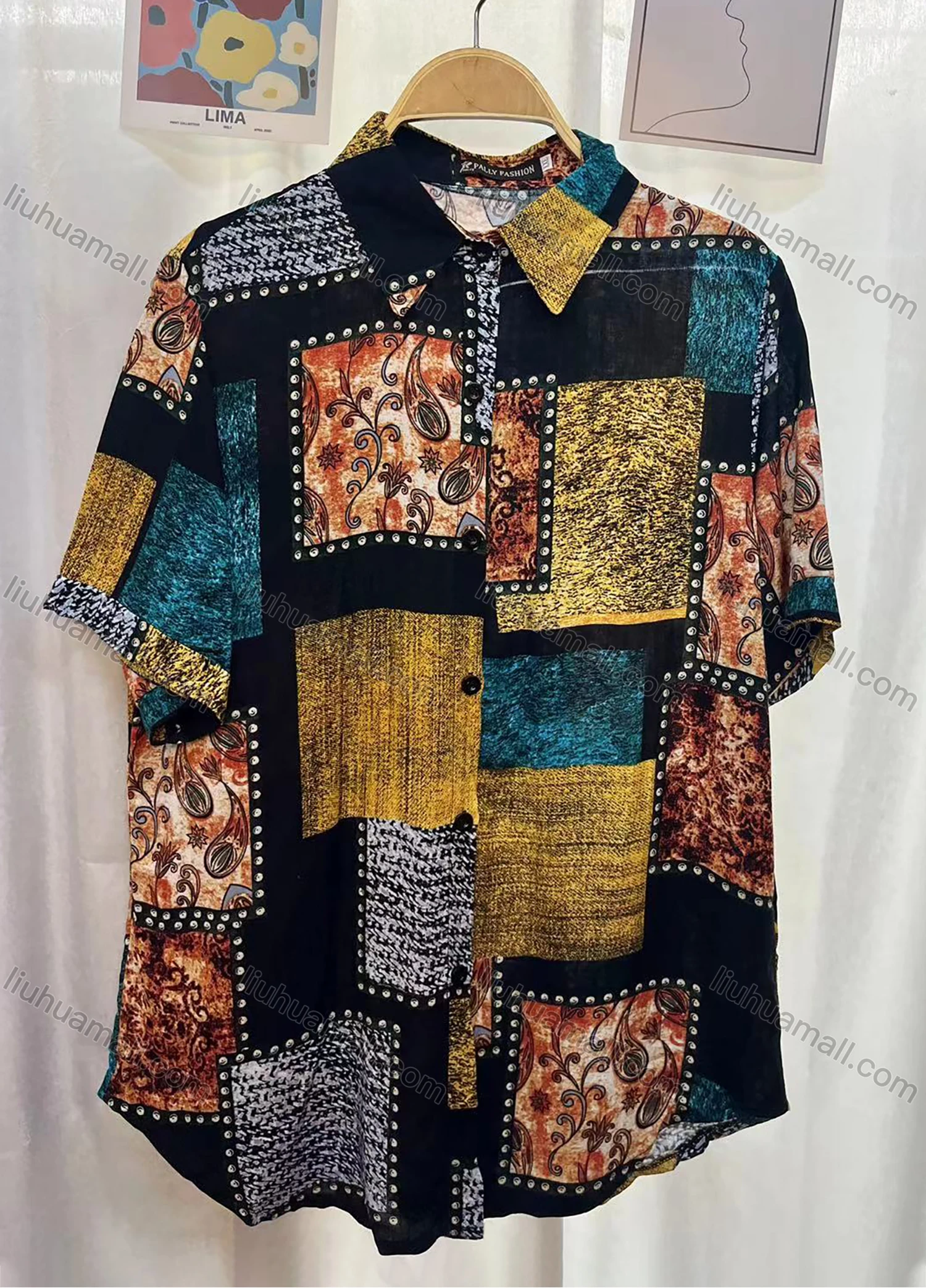 Wholesale Women's Vintage Short Sleeve Splicing Graphic Button Down Shirts - Liuhuamall