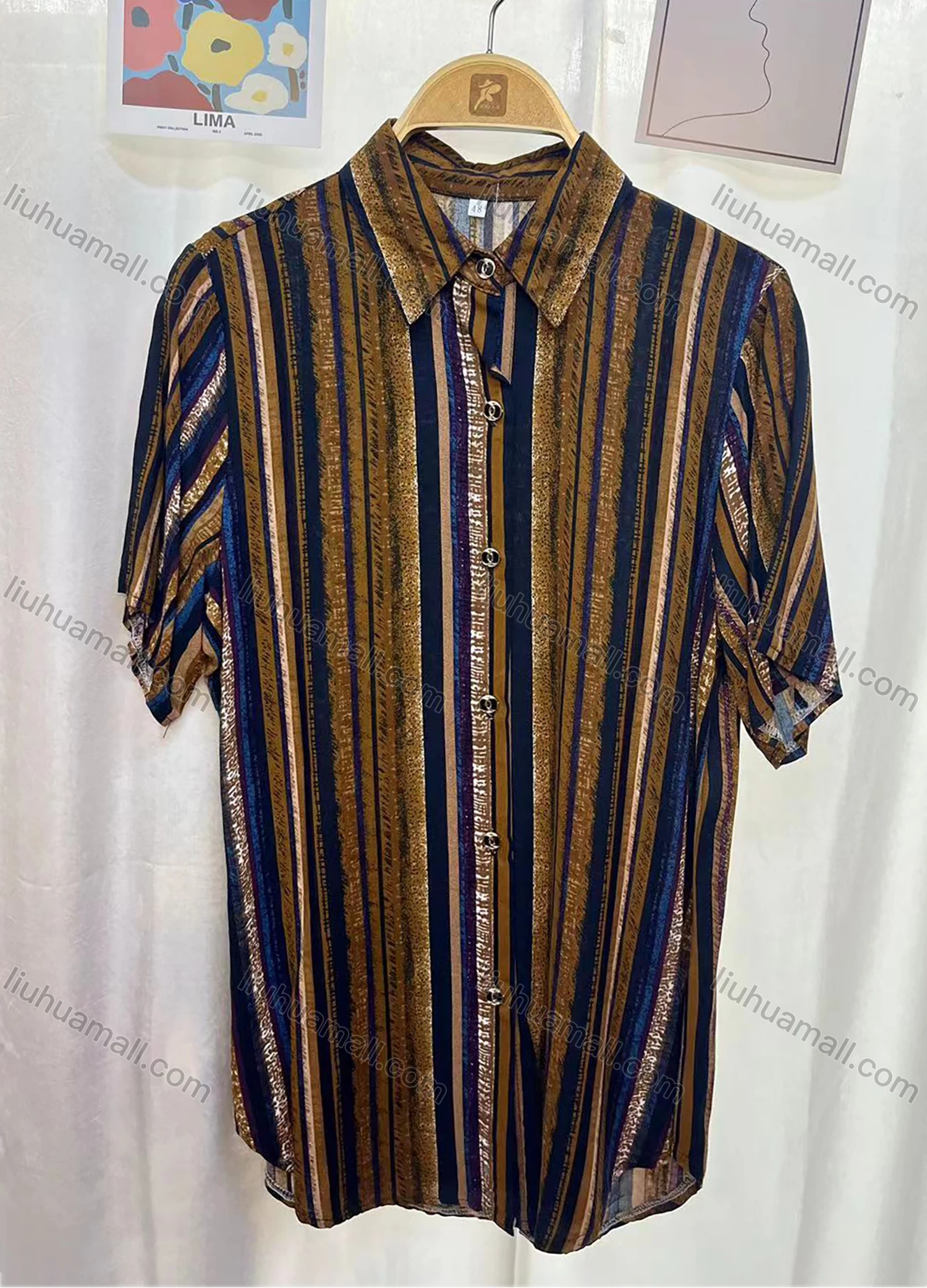 Wholesale Women's Vintage Short Sleeve Striped Button Down Shirts - Liuhuamall