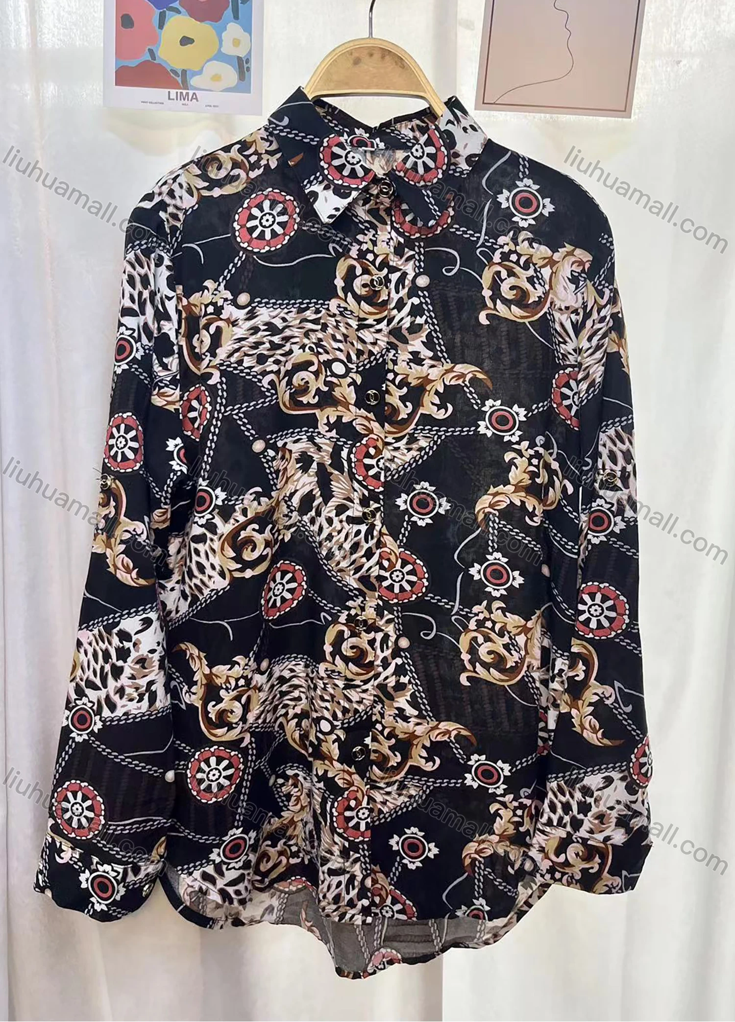 Wholesale Women's Vintage Long Sleeve Baroque Print Button Down Shirts - Liuhuamall