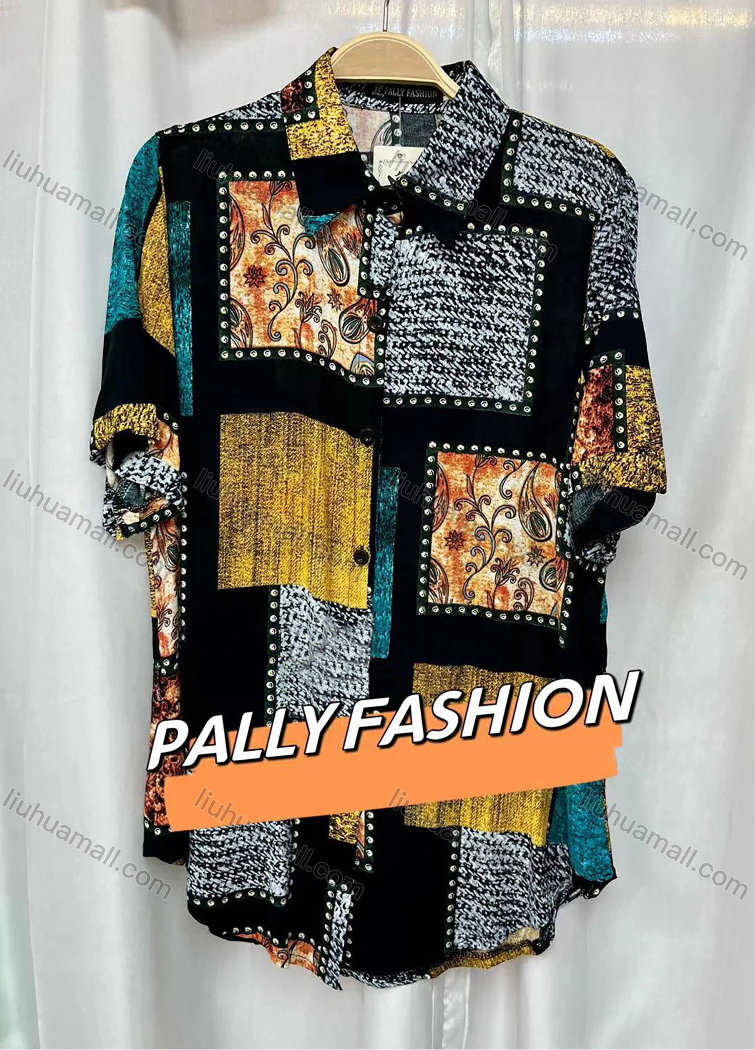 Wholesale Women's Vintage Short Sleeve Splicing Graphic Button Down Shirts - Liuhuamall