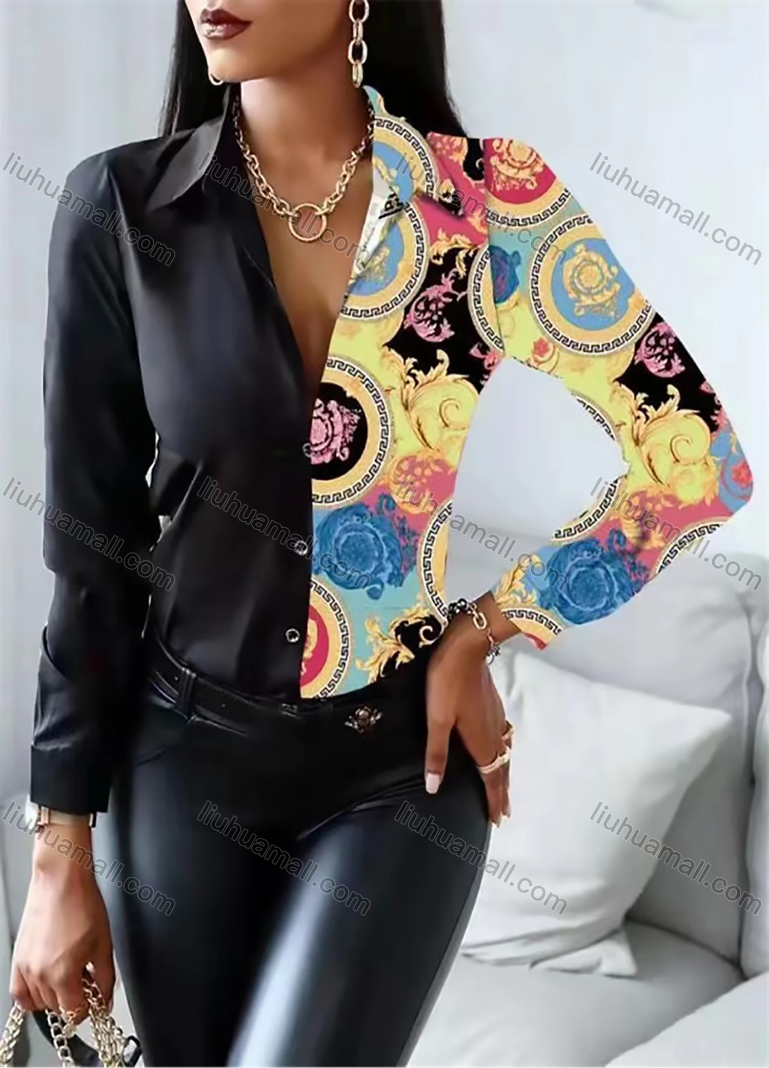 Wholesale Women's Fashion Collared Stiching Print Long Sleeve Shirt - Liuhuamall