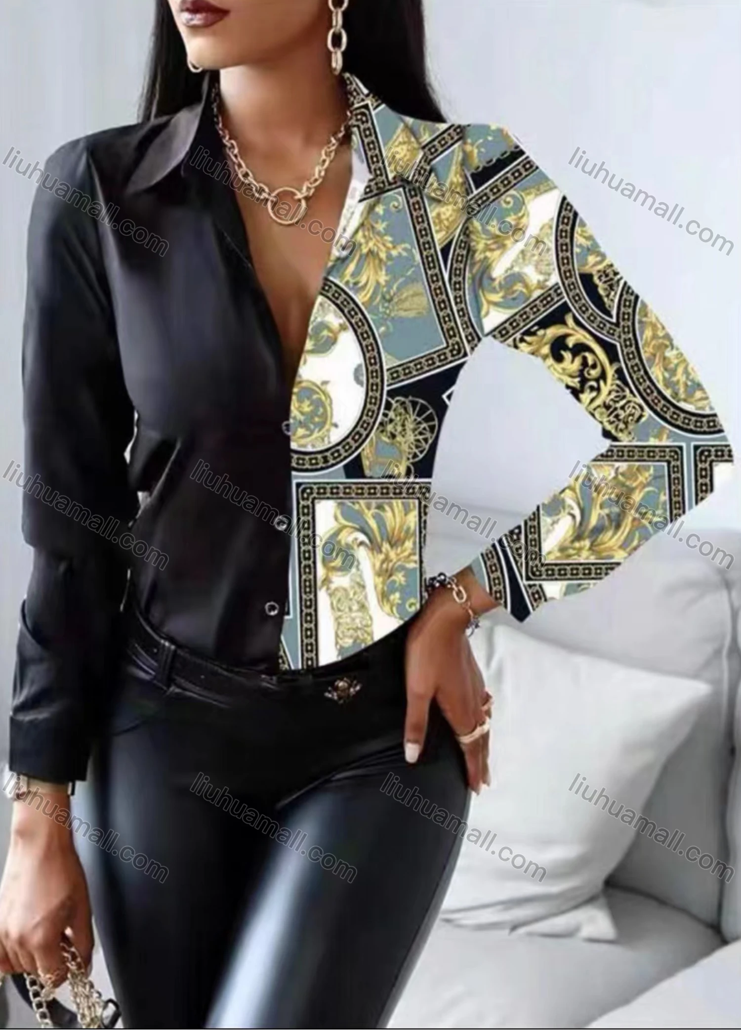 Wholesale Women's Fashion Collared Stiching Print Long Sleeve Shirt - Liuhuamall