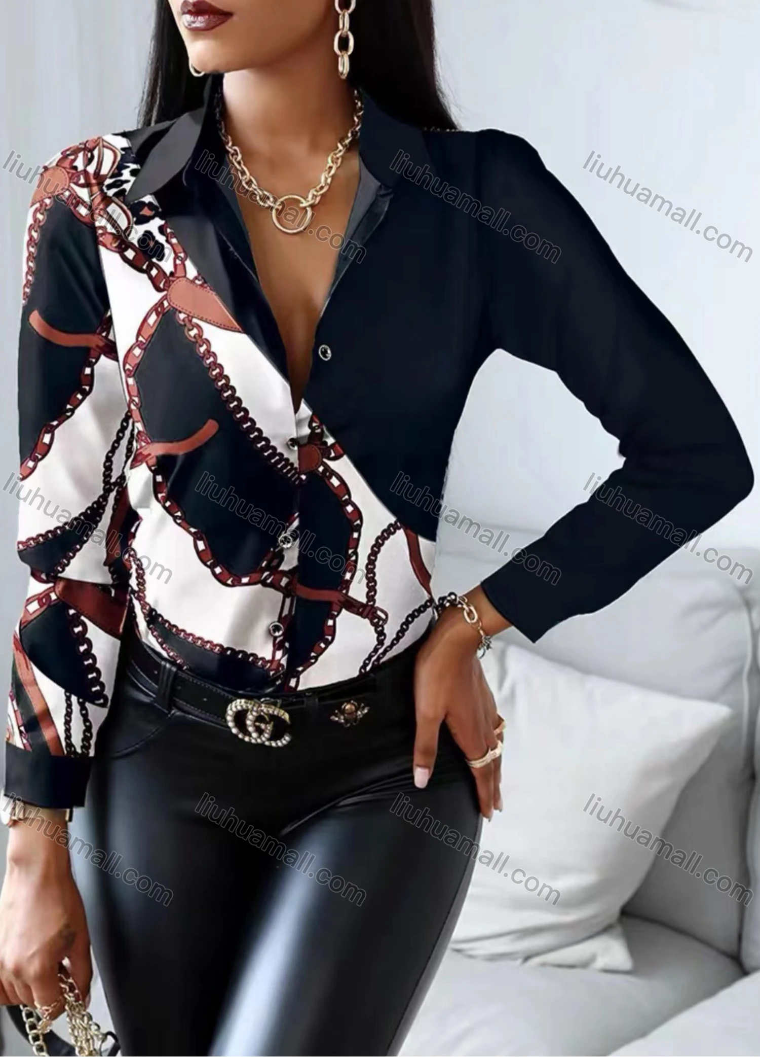 Wholesale Women's Fashion Collared Stiching Print Long Sleeve Shirt - Liuhuamall