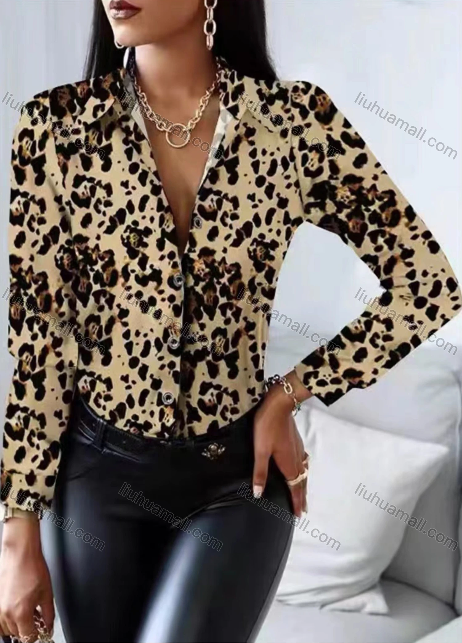 Wholesale Women's Fashion Collared Stiching Print Long Sleeve Shirt - Liuhuamall