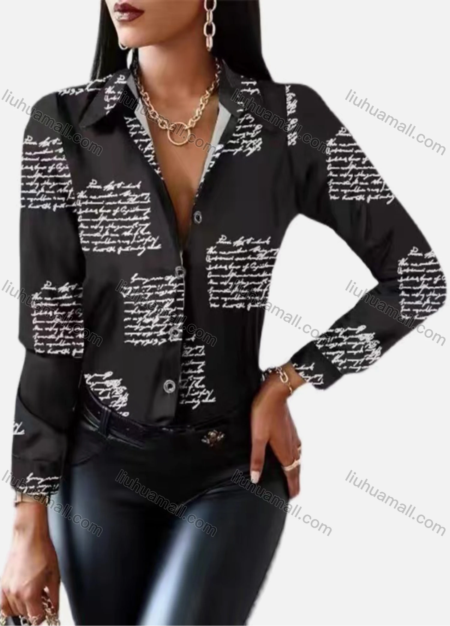 Wholesale Women's Fashion Collared Stiching Print Long Sleeve Shirt - Liuhuamall