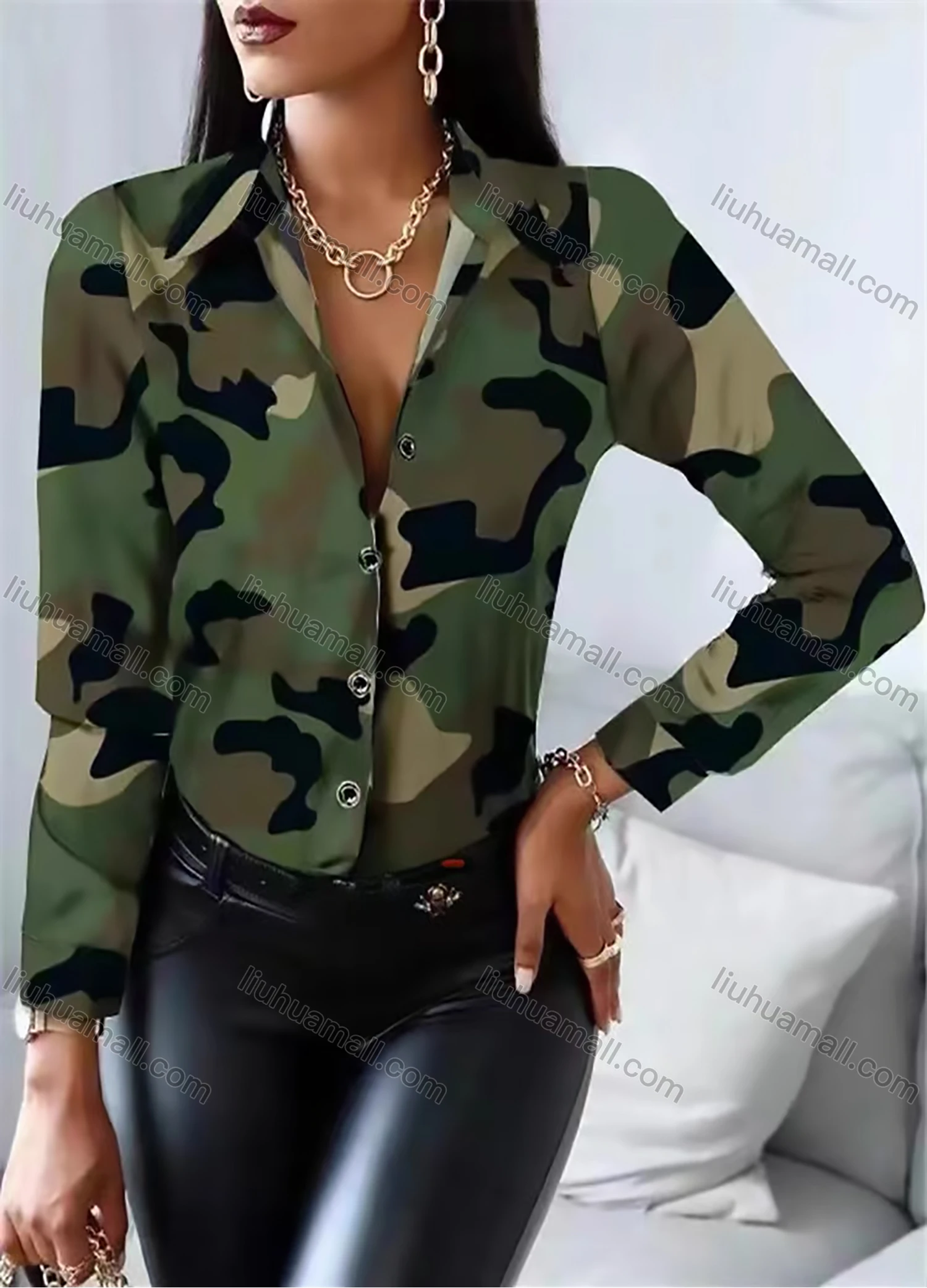 Wholesale Women's Fashion Collared Stiching Print Long Sleeve Shirt - Liuhuamall