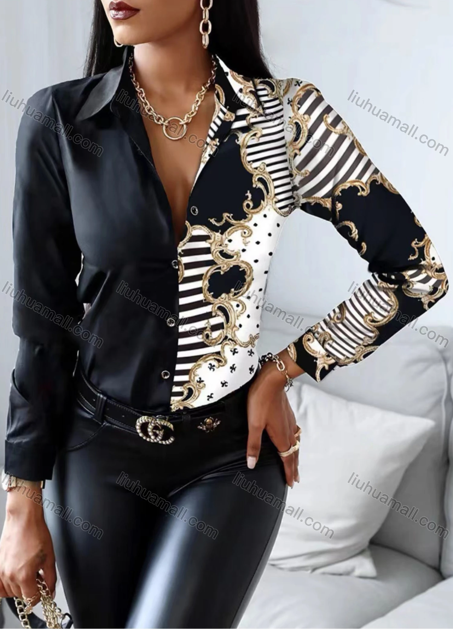 Wholesale Women's Fashion Collared Stiching Print Long Sleeve Shirt - Liuhuamall