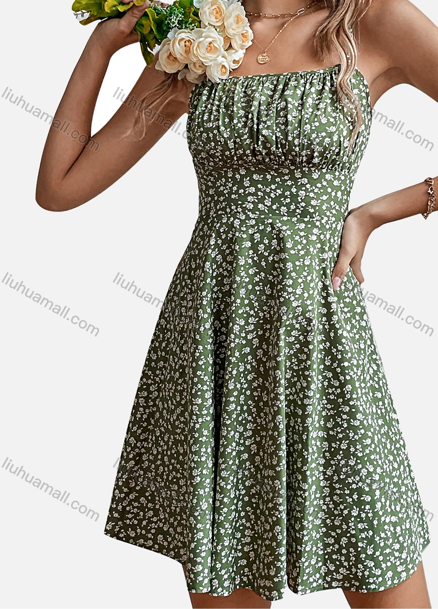 Wholesale Women's Casual Ruched Ditsy Floral High Waist Cami Dress - Liuhuamall