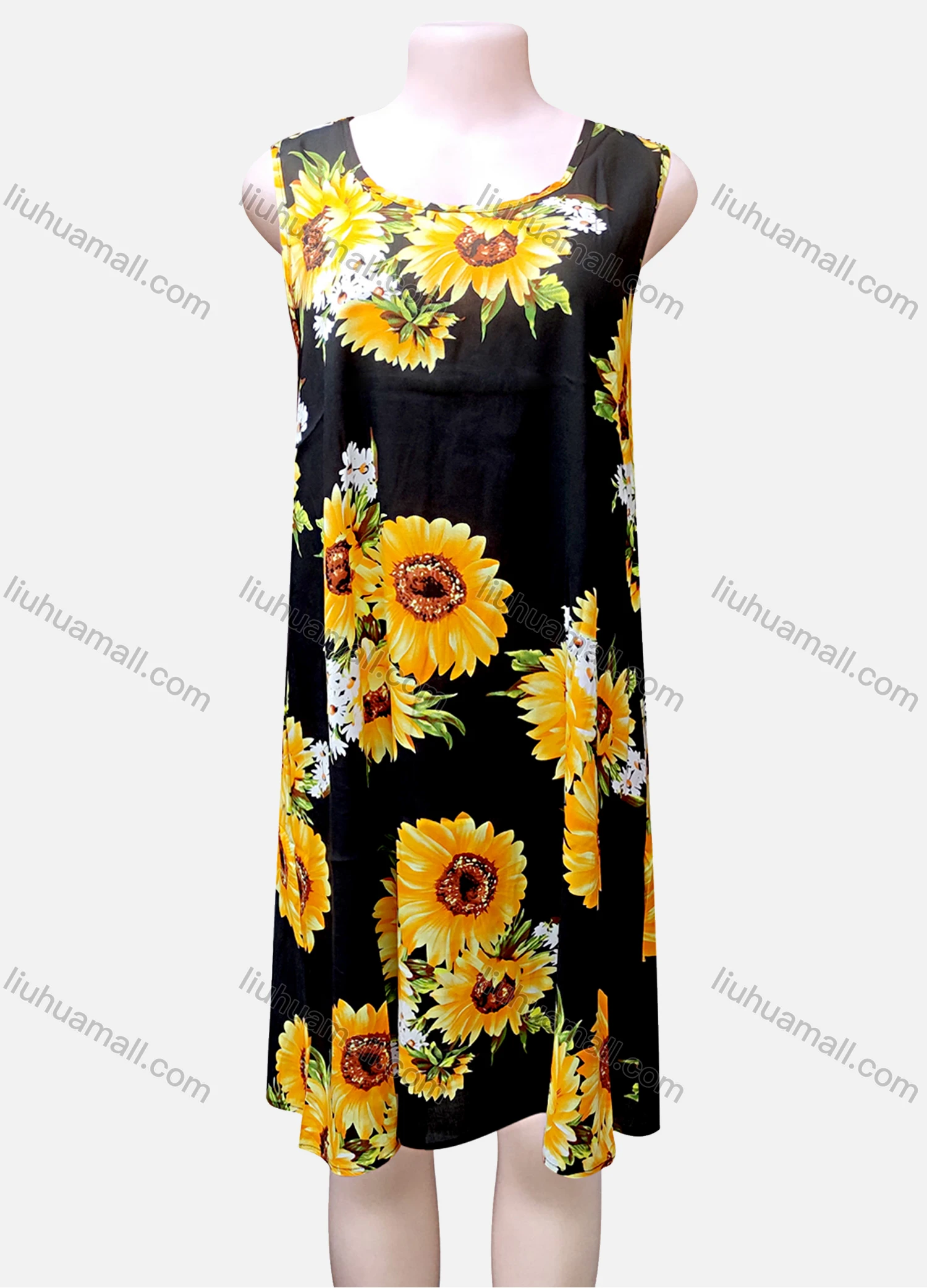 Wholesale Women's Casual Sunflower Print Knee Length Tank Dress - Liuhuamall