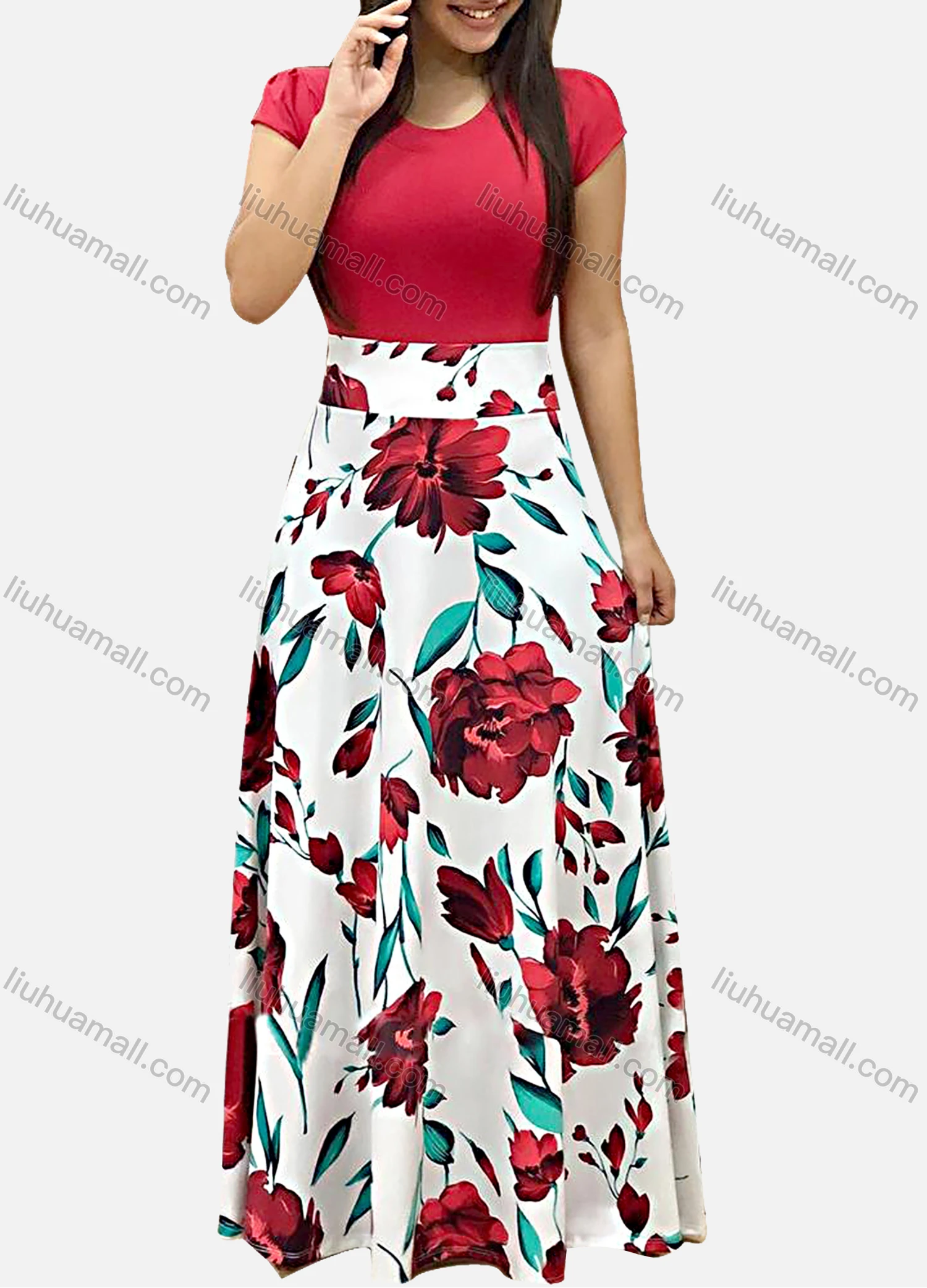 Wholesale Women's Plain T-Shirt Splicing Flower Print Shift Dress - Liuhuamall