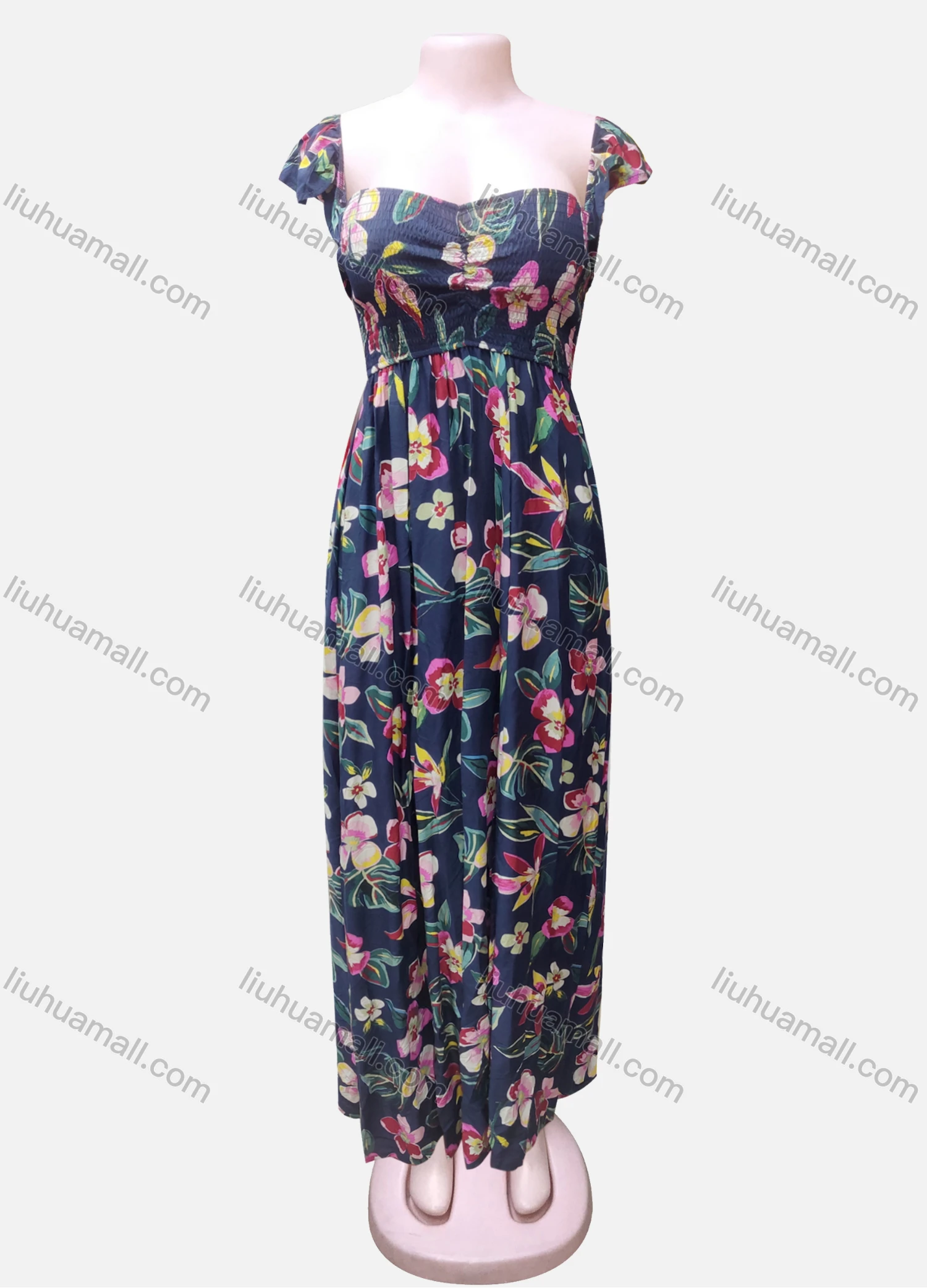 Wholesale Women's Ruched Circular Cap Flower Print Maxi Dress - Liuhuamall