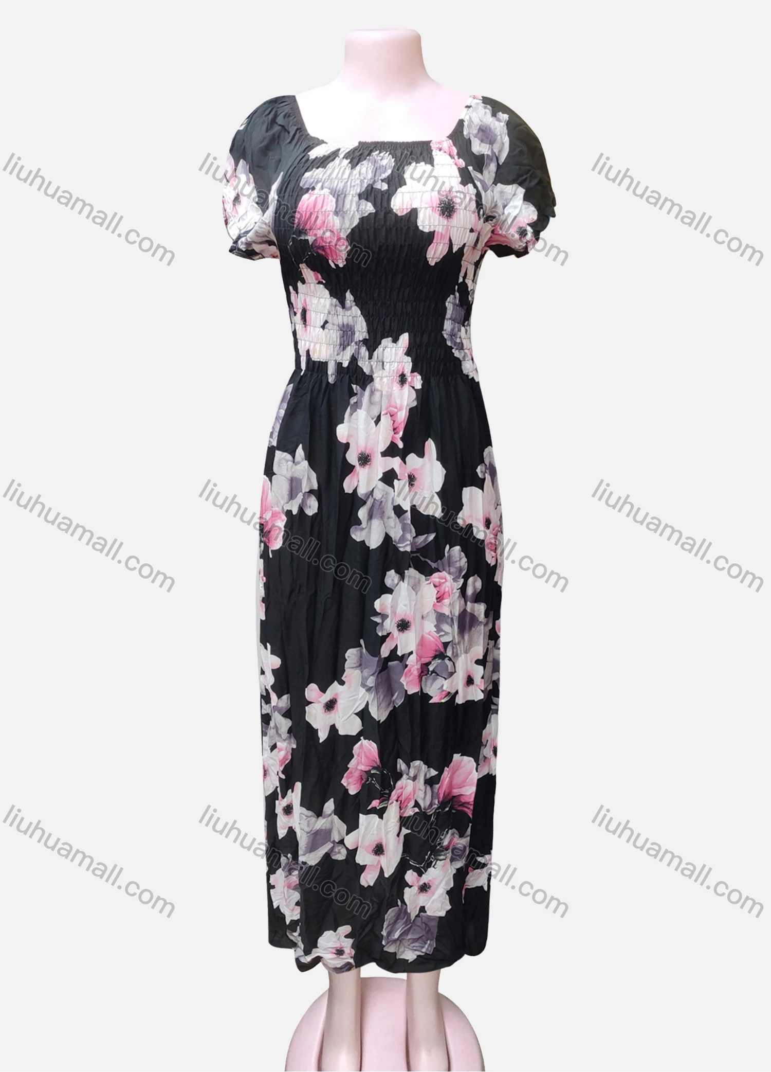 Wholesale Women's Puff Sleeve Ruched Flower Print Maxi Dress - Liuhuamall