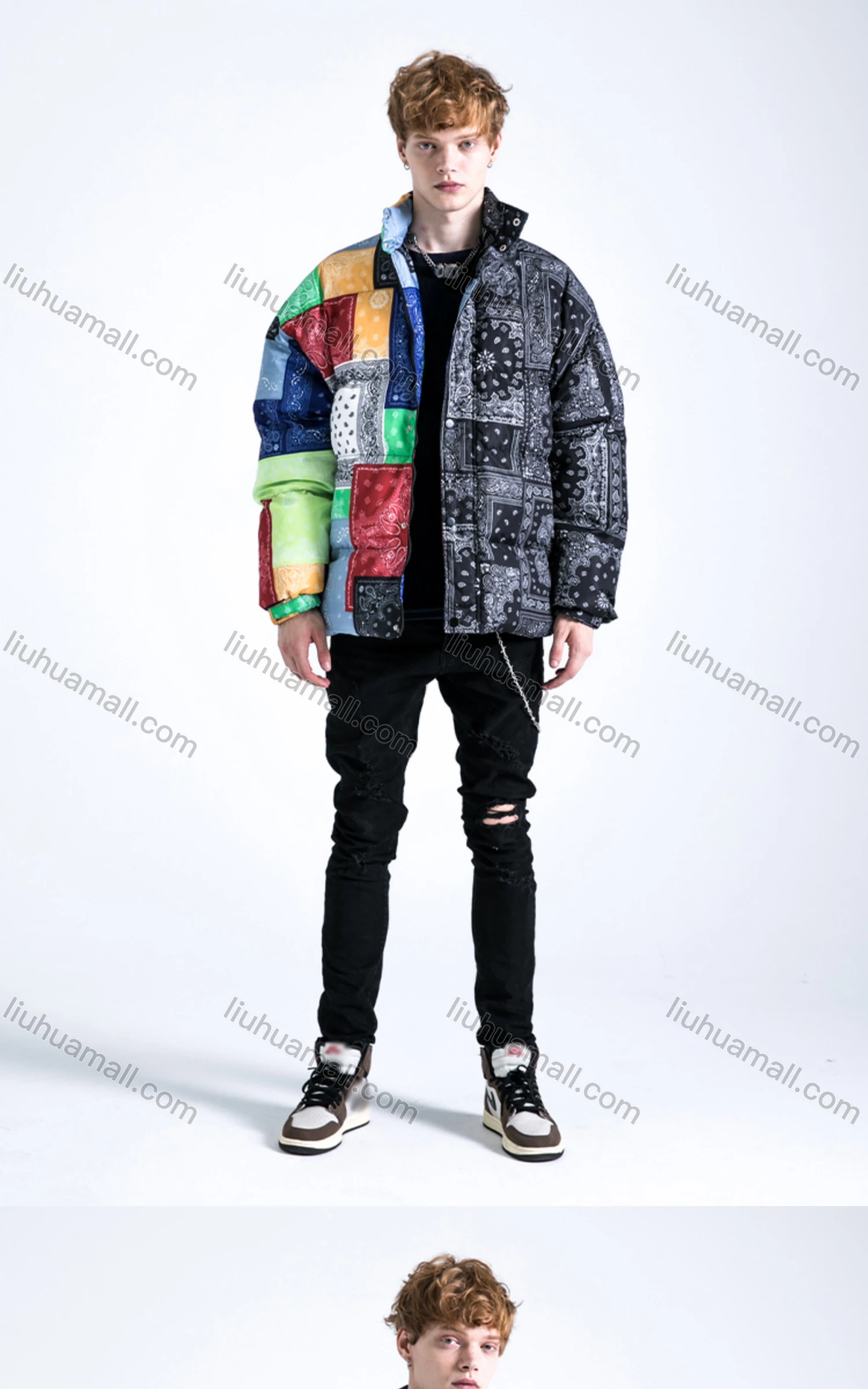 Wholesale Men's Fashion Long Sleeve Stand Collar Splicing Paisley Print Puffer Coat 902# - Liuhuamall