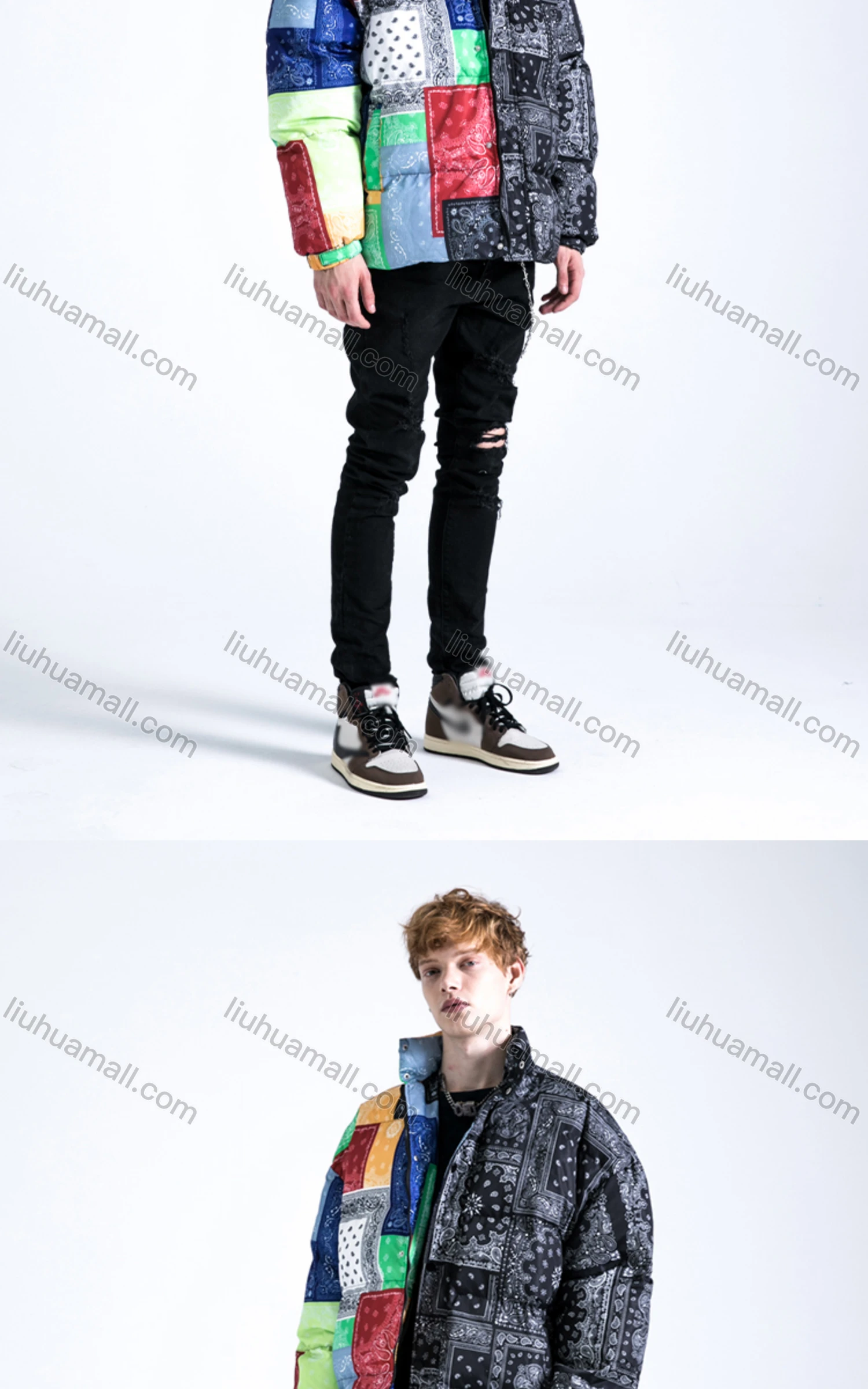 Wholesale Men's Fashion Long Sleeve Stand Collar Splicing Paisley Print Puffer Coat 902# - Liuhuamall