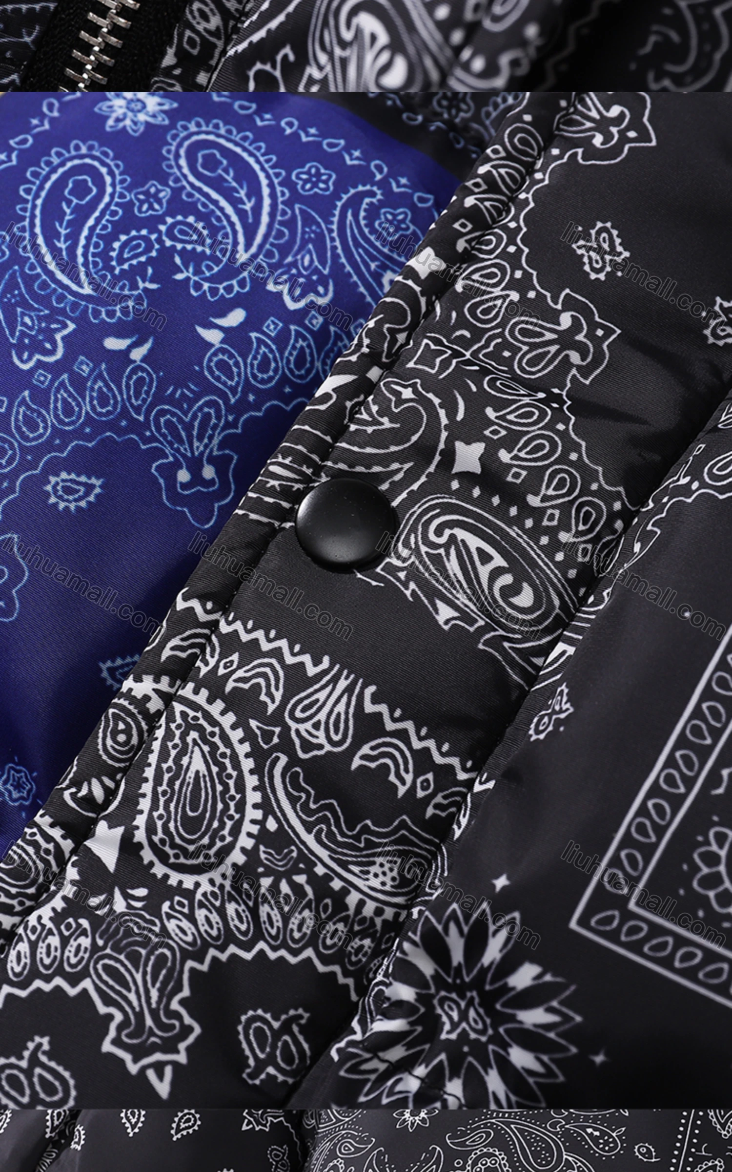 Wholesale Men's Fashion Long Sleeve Stand Collar Splicing Paisley Print Puffer Coat 902# - Liuhuamall