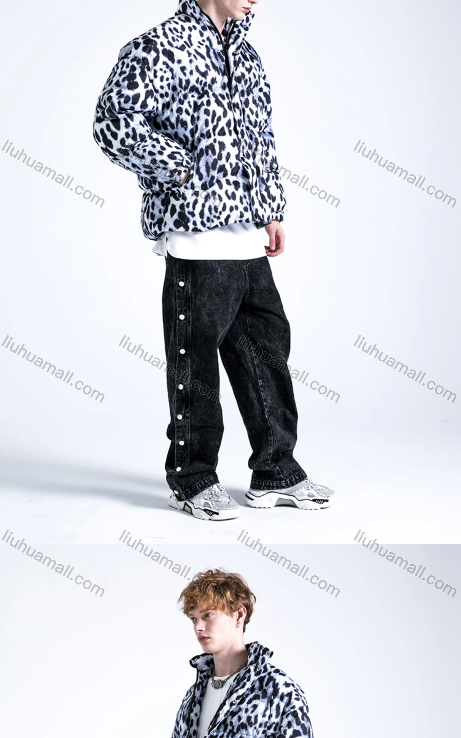 Wholesale Men's Fashion Long Sleeve Stand Collar Leopard Print Puffer Coat 904# - Liuhuamall