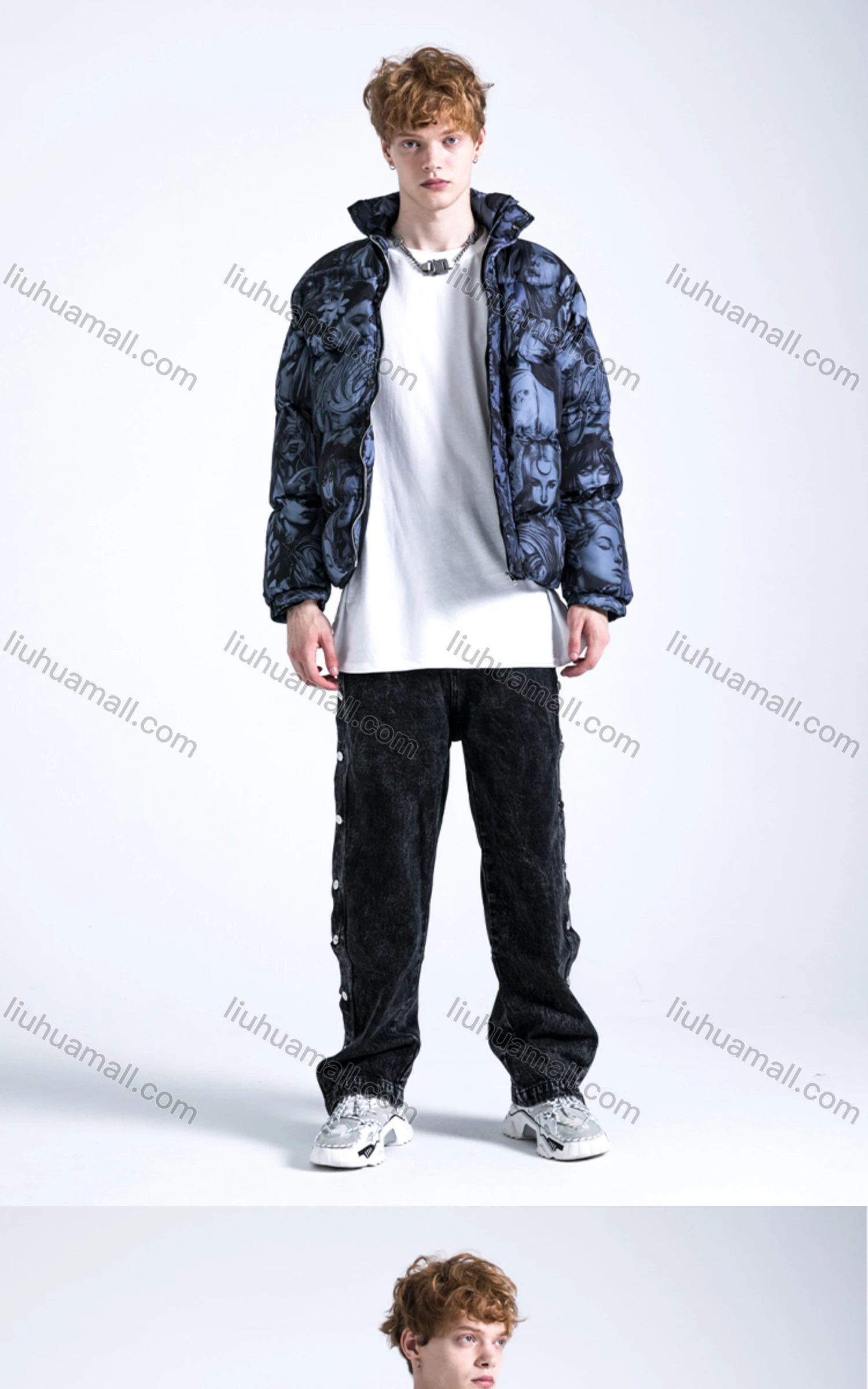 Wholesale Men's Fashion Long Sleeve Stand Collar Figure Print Puffer Coat 905# - Liuhuamall