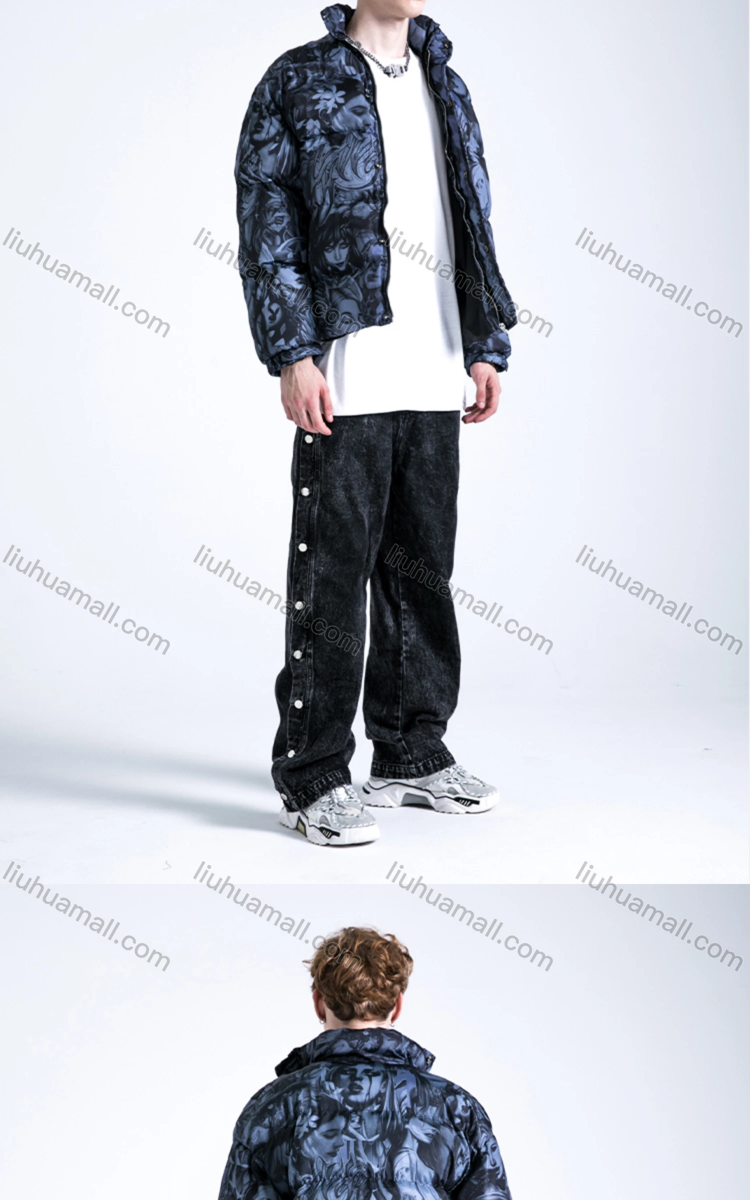 Wholesale Men's Fashion Long Sleeve Stand Collar Figure Print Puffer Coat 905# - Liuhuamall