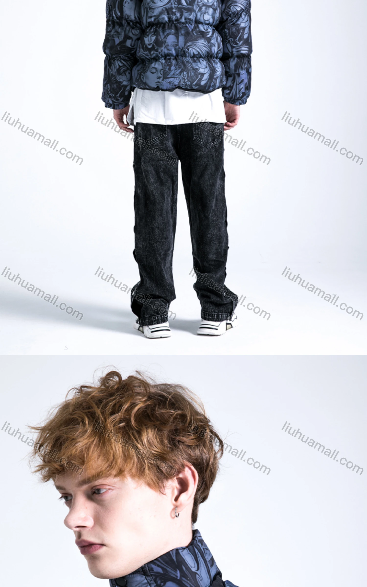 Wholesale Men's Fashion Long Sleeve Stand Collar Figure Print Puffer Coat 905# - Liuhuamall