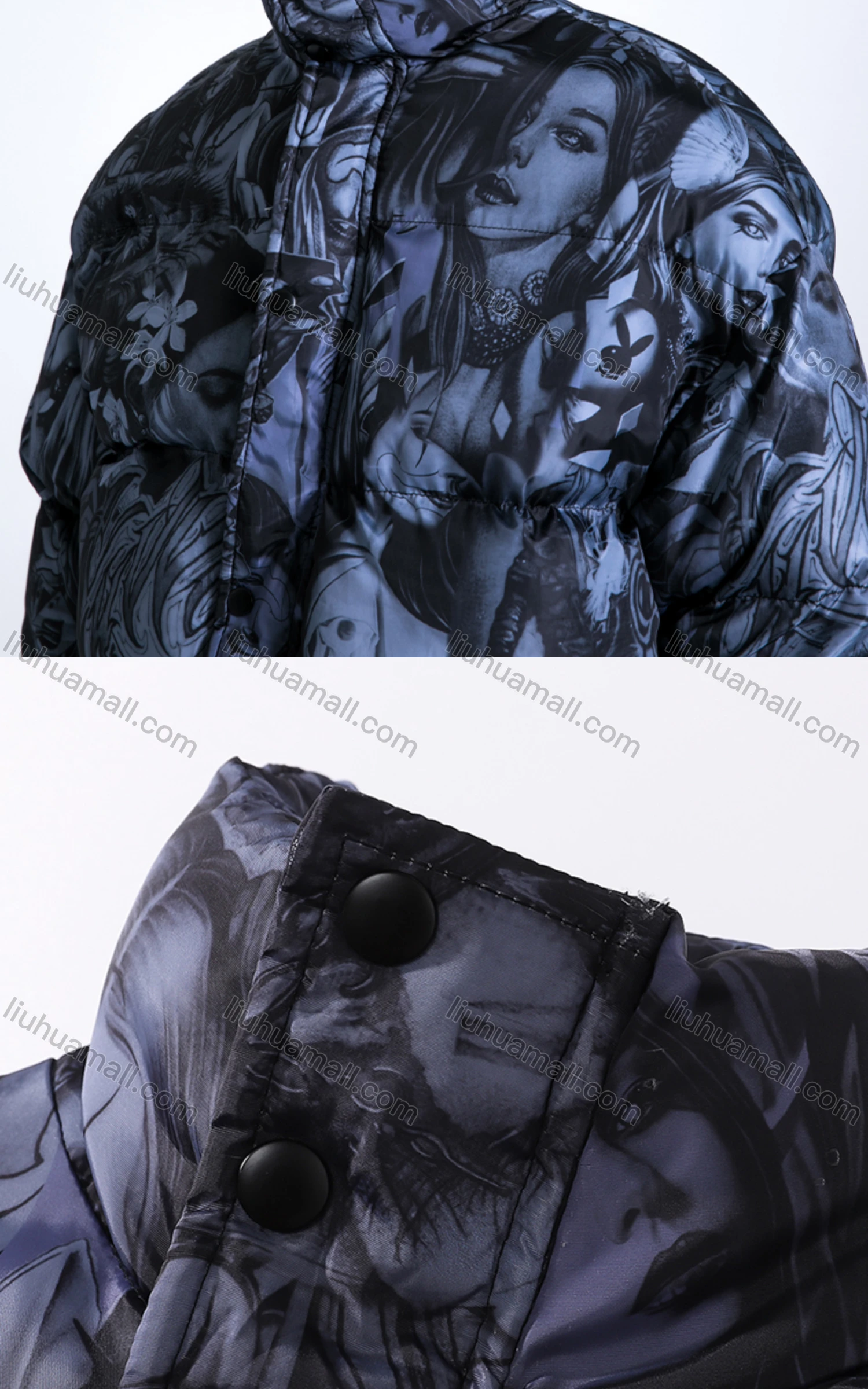 Wholesale Men's Fashion Long Sleeve Stand Collar Figure Print Puffer Coat 905# - Liuhuamall