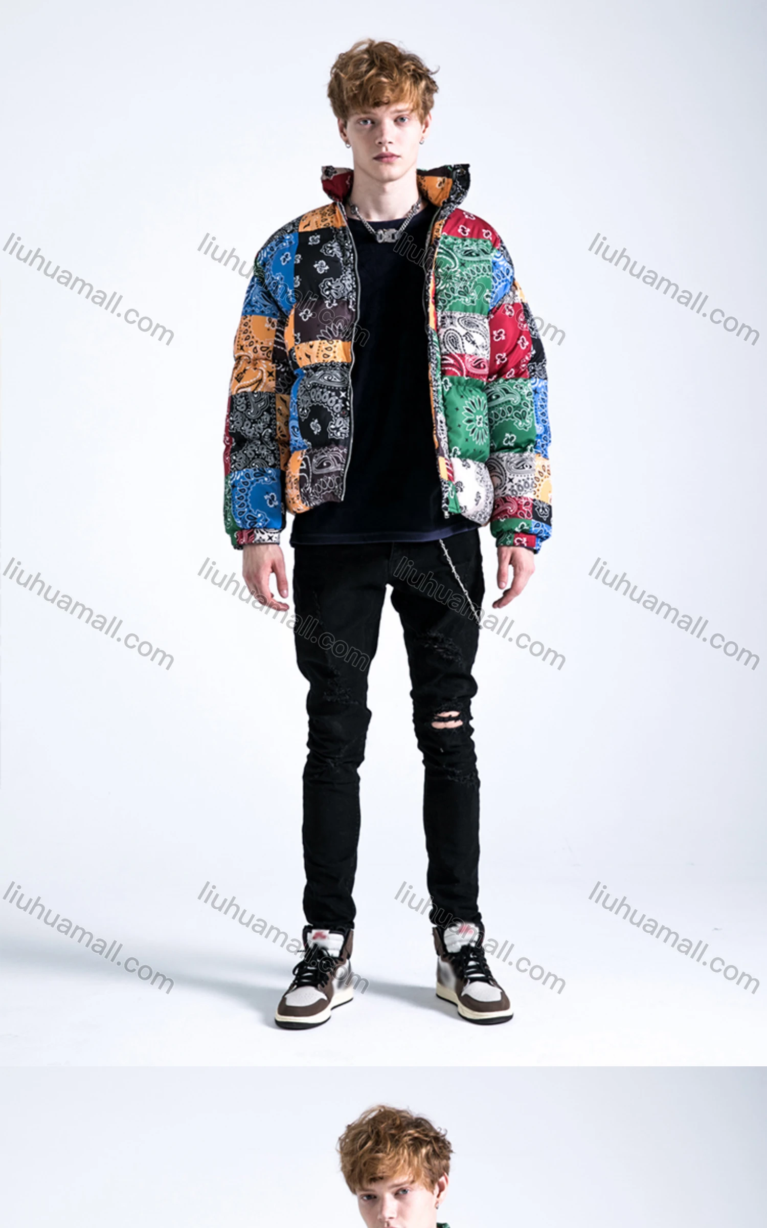 Wholesale Men's Fashion Long Sleeve Stand Collar Patchwork Print Puffer Coat 906# - Liuhuamall