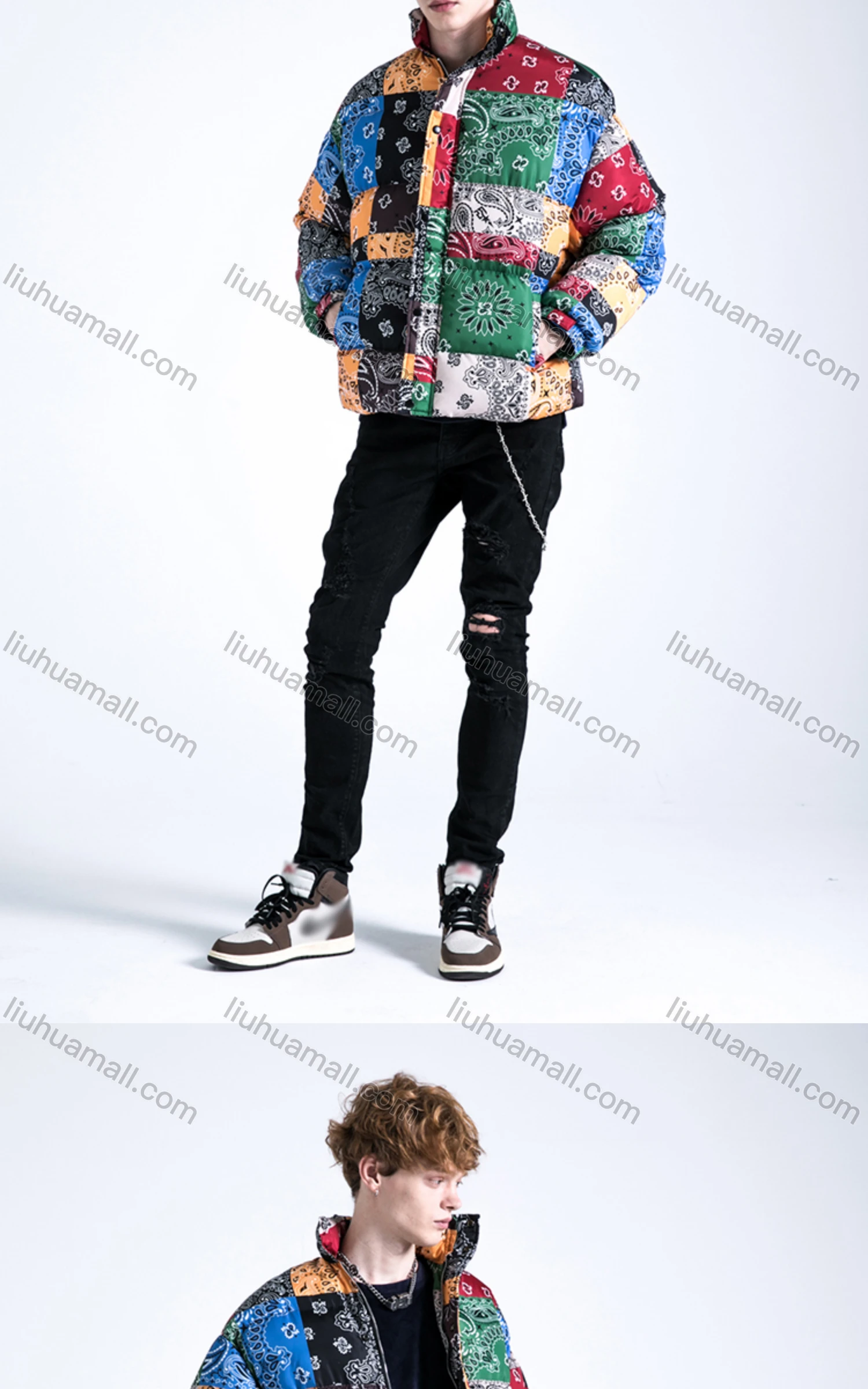 Wholesale Men's Fashion Long Sleeve Stand Collar Patchwork Print Puffer Coat 906# - Liuhuamall