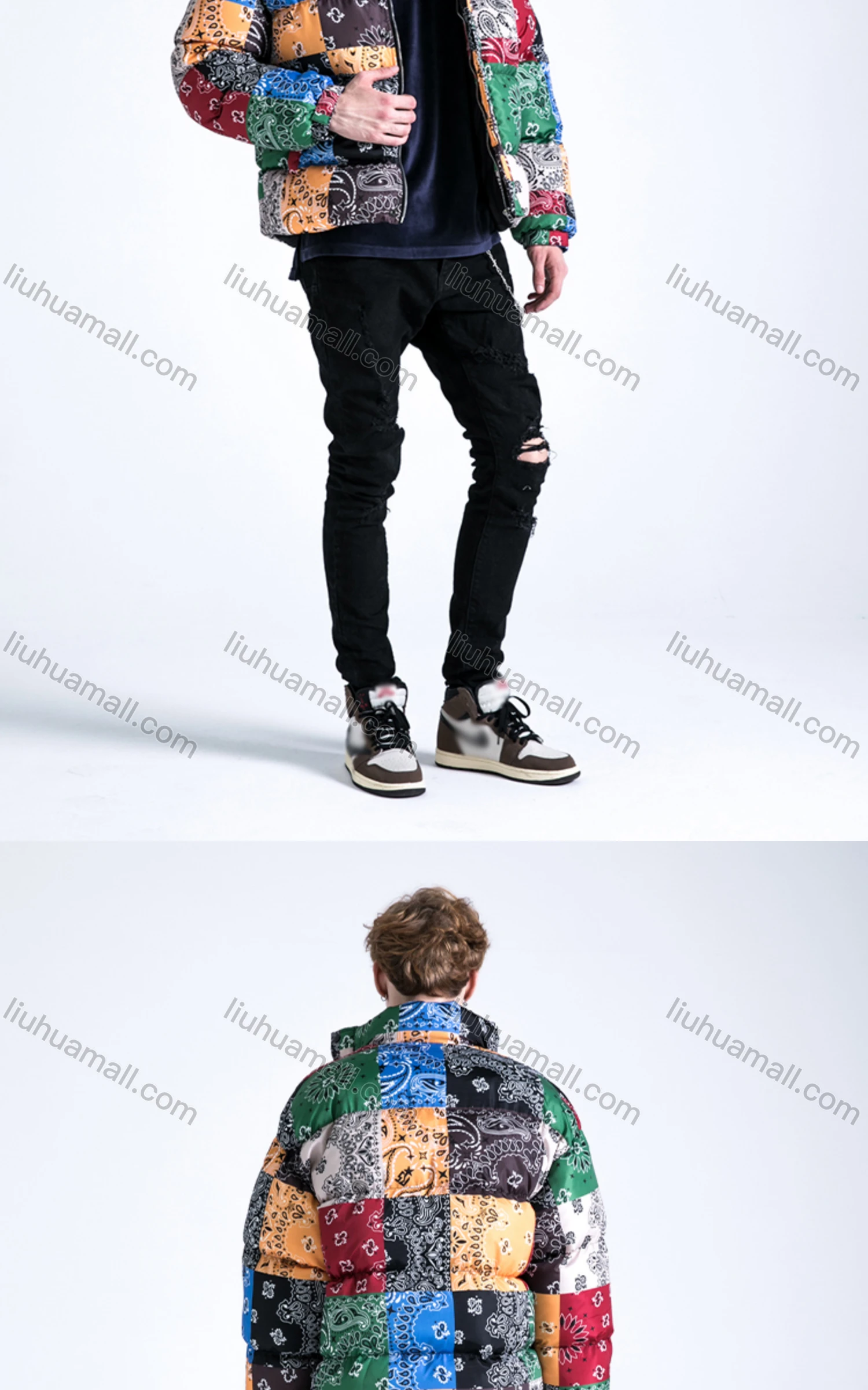 Wholesale Men's Fashion Long Sleeve Stand Collar Patchwork Print Puffer Coat 906# - Liuhuamall