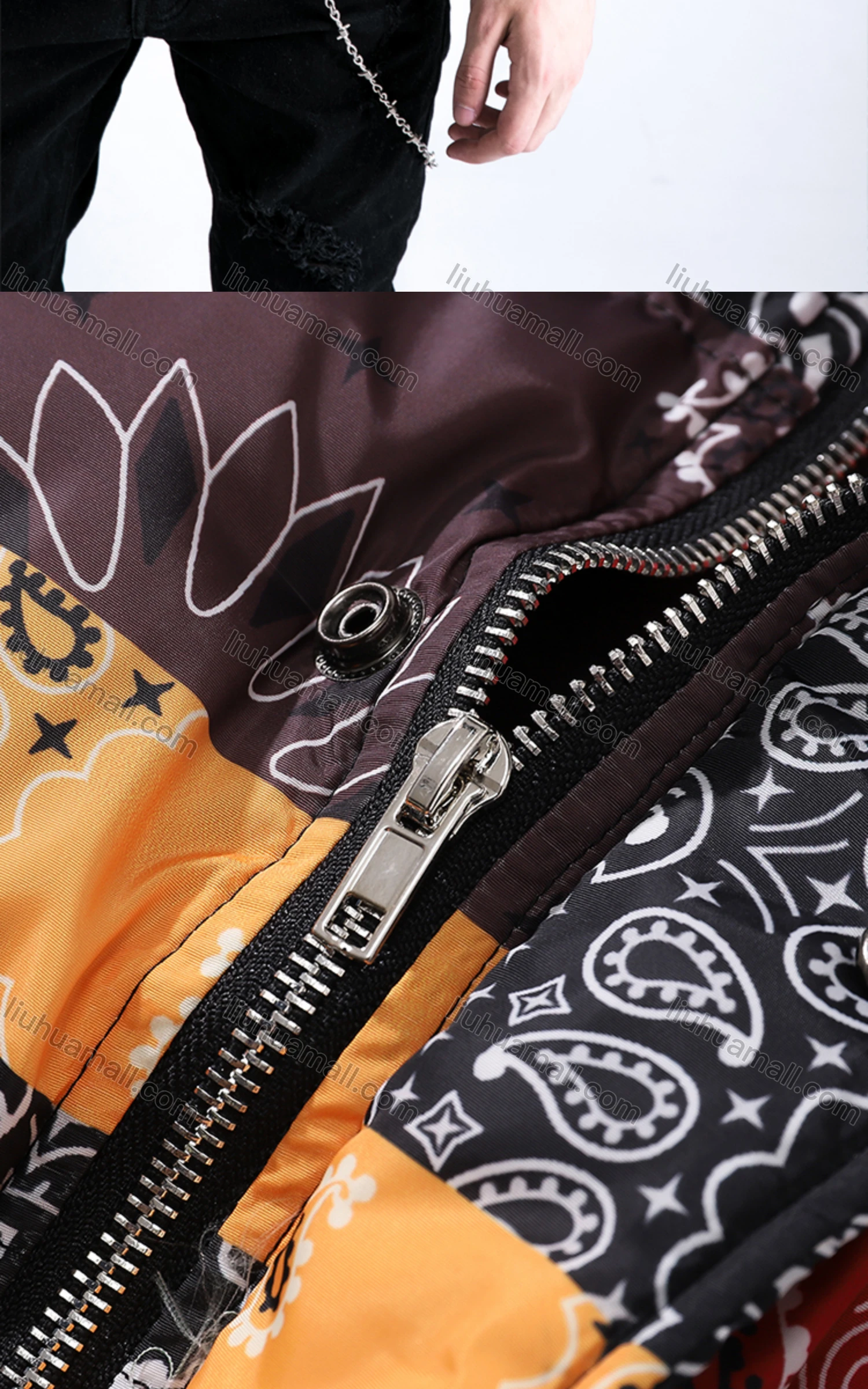 Wholesale Men's Fashion Long Sleeve Stand Collar Patchwork Print Puffer Coat 906# - Liuhuamall