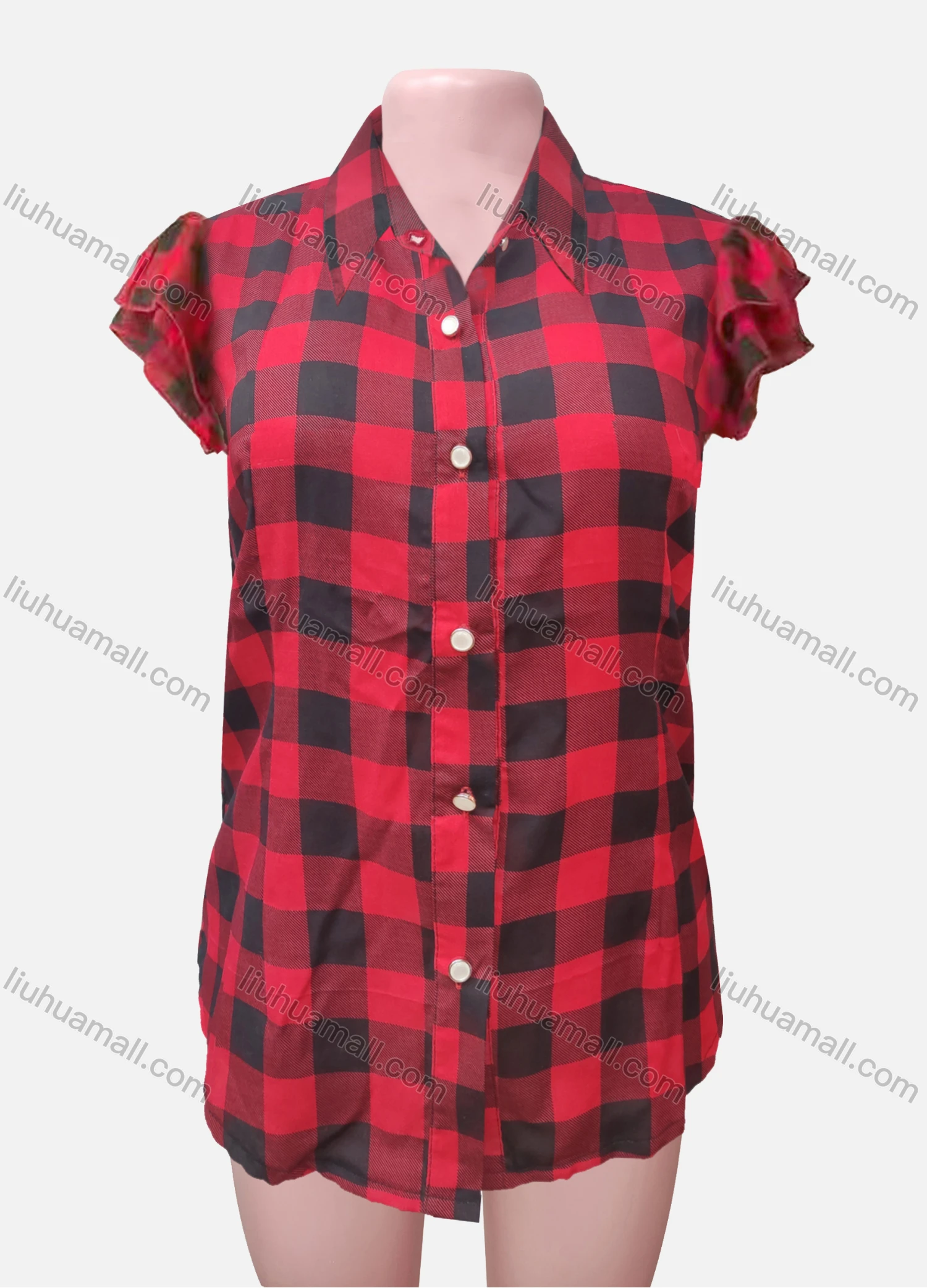 Wholesale Women's Circular Cap Gingham Print Shirt - Liuhuamall