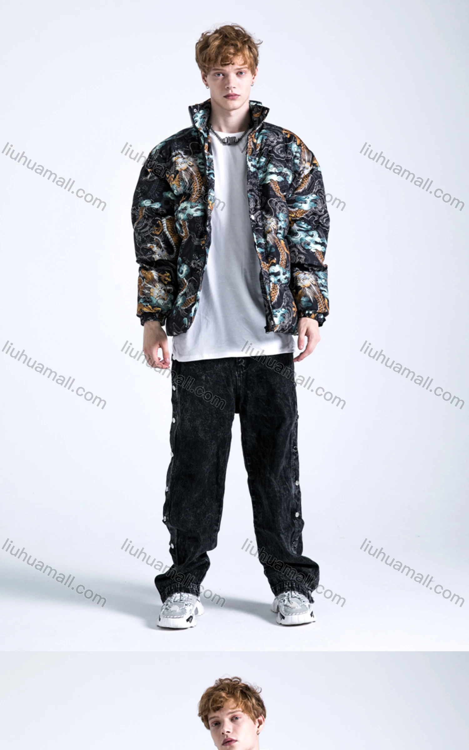 Wholesale Men's Fashion Long Sleeve Stand Collar Allover Sinosaurus Print Puffer Coat 907# - Liuhuamall