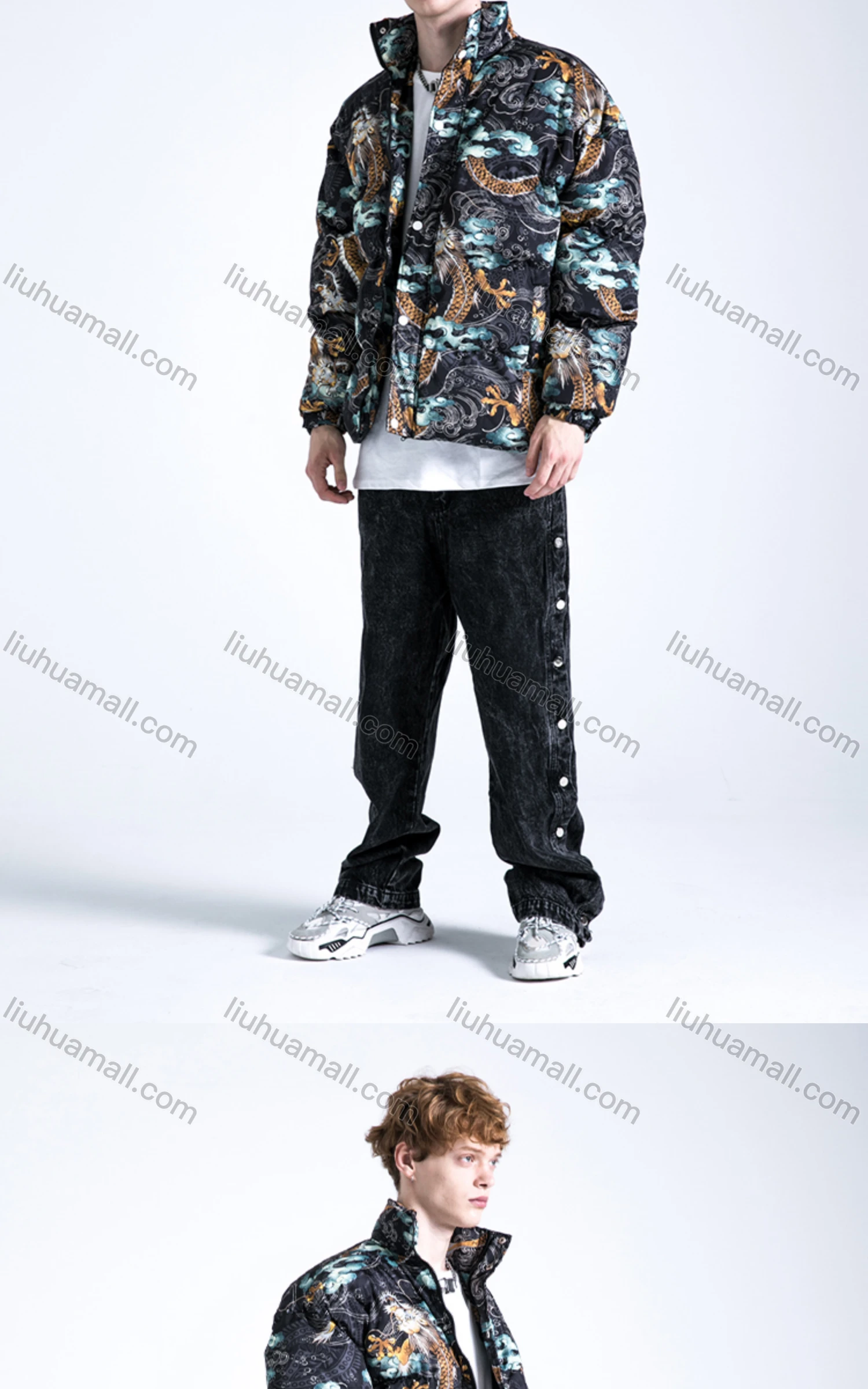 Wholesale Men's Fashion Long Sleeve Stand Collar Allover Sinosaurus Print Puffer Coat 907# - Liuhuamall