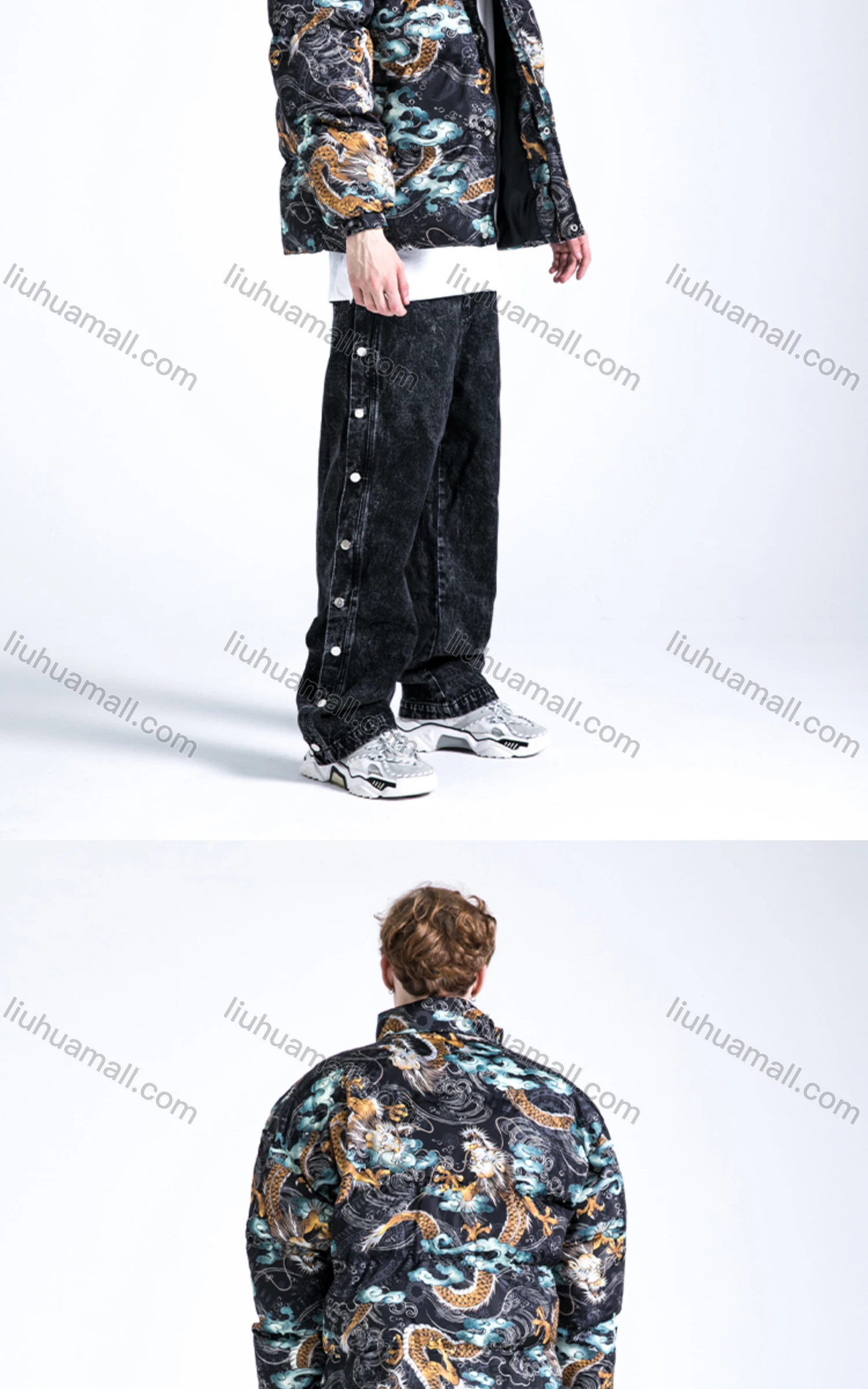 Wholesale Men's Fashion Long Sleeve Stand Collar Allover Sinosaurus Print Puffer Coat 907# - Liuhuamall