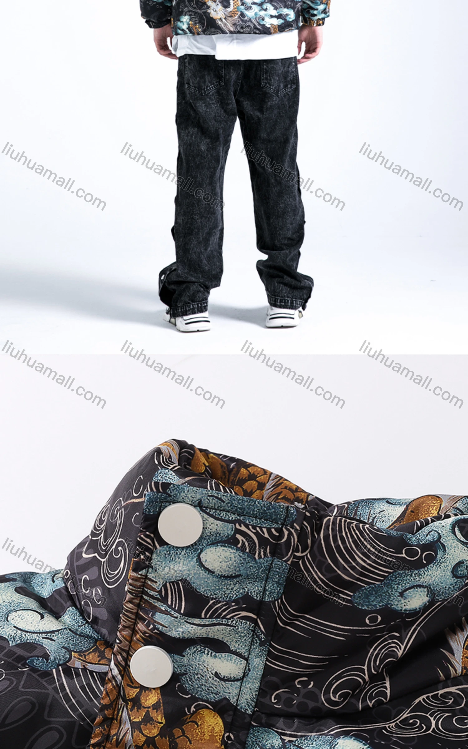 Wholesale Men's Fashion Long Sleeve Stand Collar Allover Sinosaurus Print Puffer Coat 907# - Liuhuamall