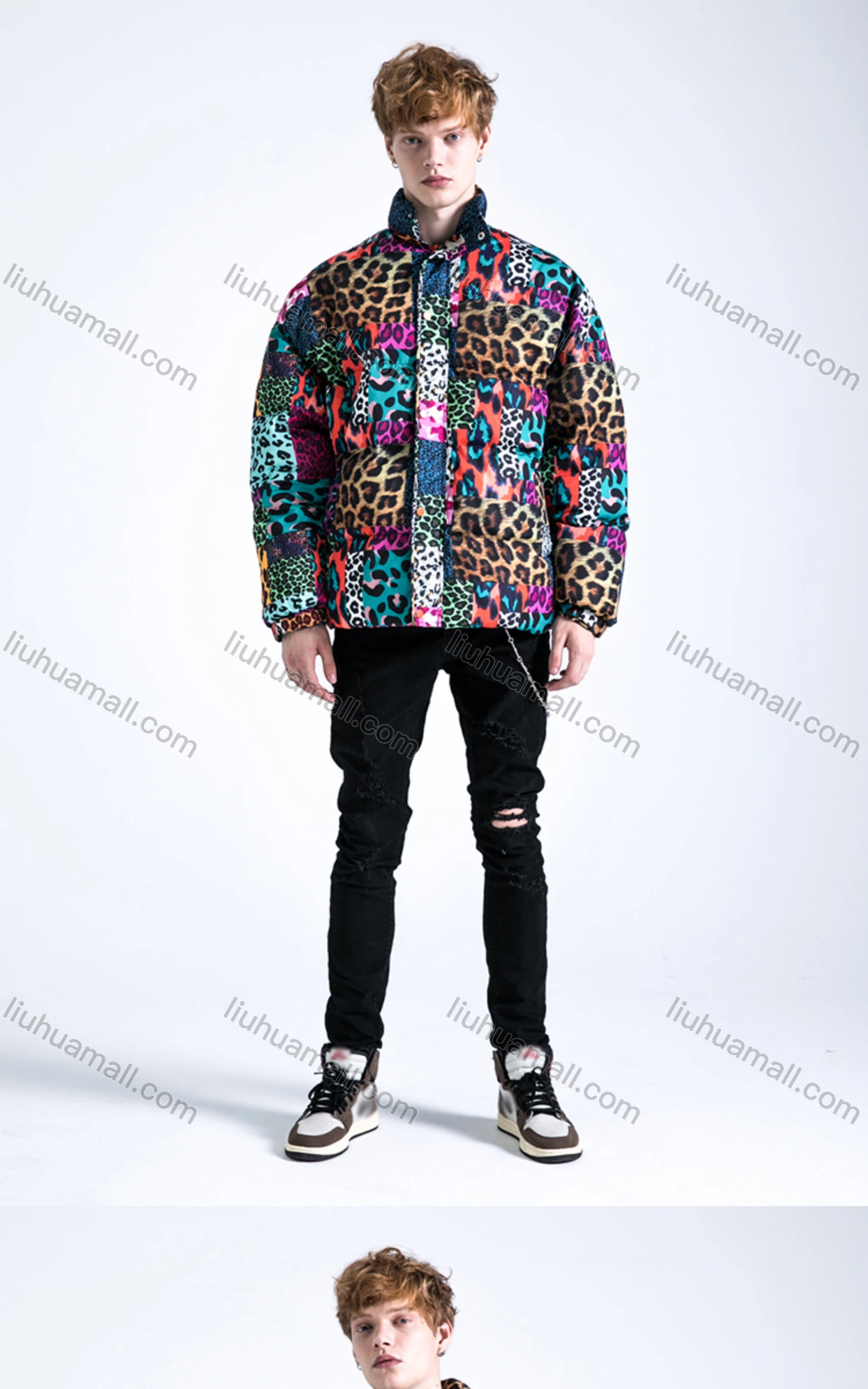 Wholesale Men's Fashion Long Sleeve Stand Collar Splicing Leopard Print Puffer Coat 908# - Liuhuamall