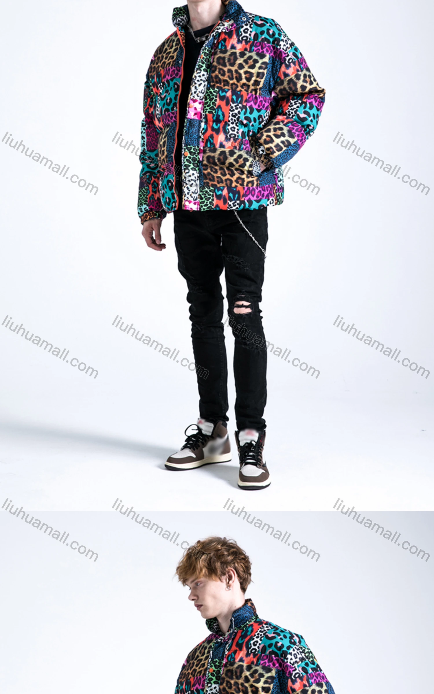 Wholesale Men's Fashion Long Sleeve Stand Collar Splicing Leopard Print Puffer Coat 908# - Liuhuamall