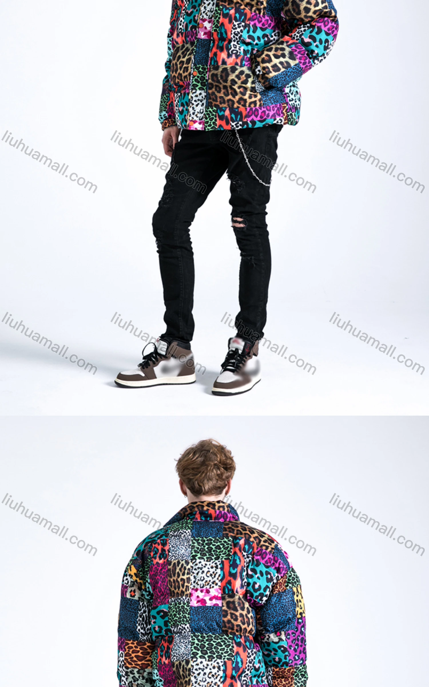 Wholesale Men's Fashion Long Sleeve Stand Collar Splicing Leopard Print Puffer Coat 908# - Liuhuamall