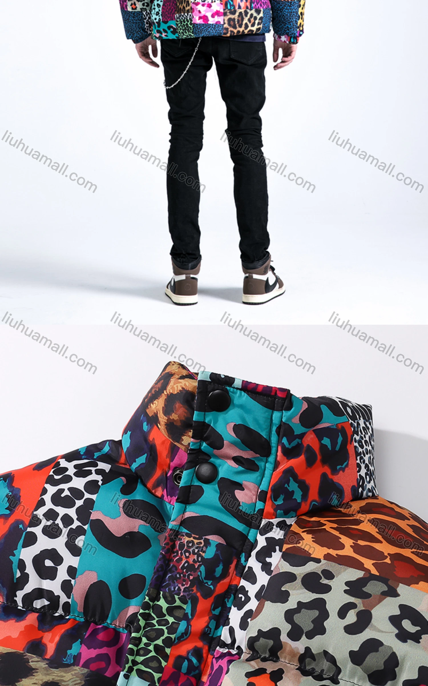 Wholesale Men's Fashion Long Sleeve Stand Collar Splicing Leopard Print Puffer Coat 908# - Liuhuamall