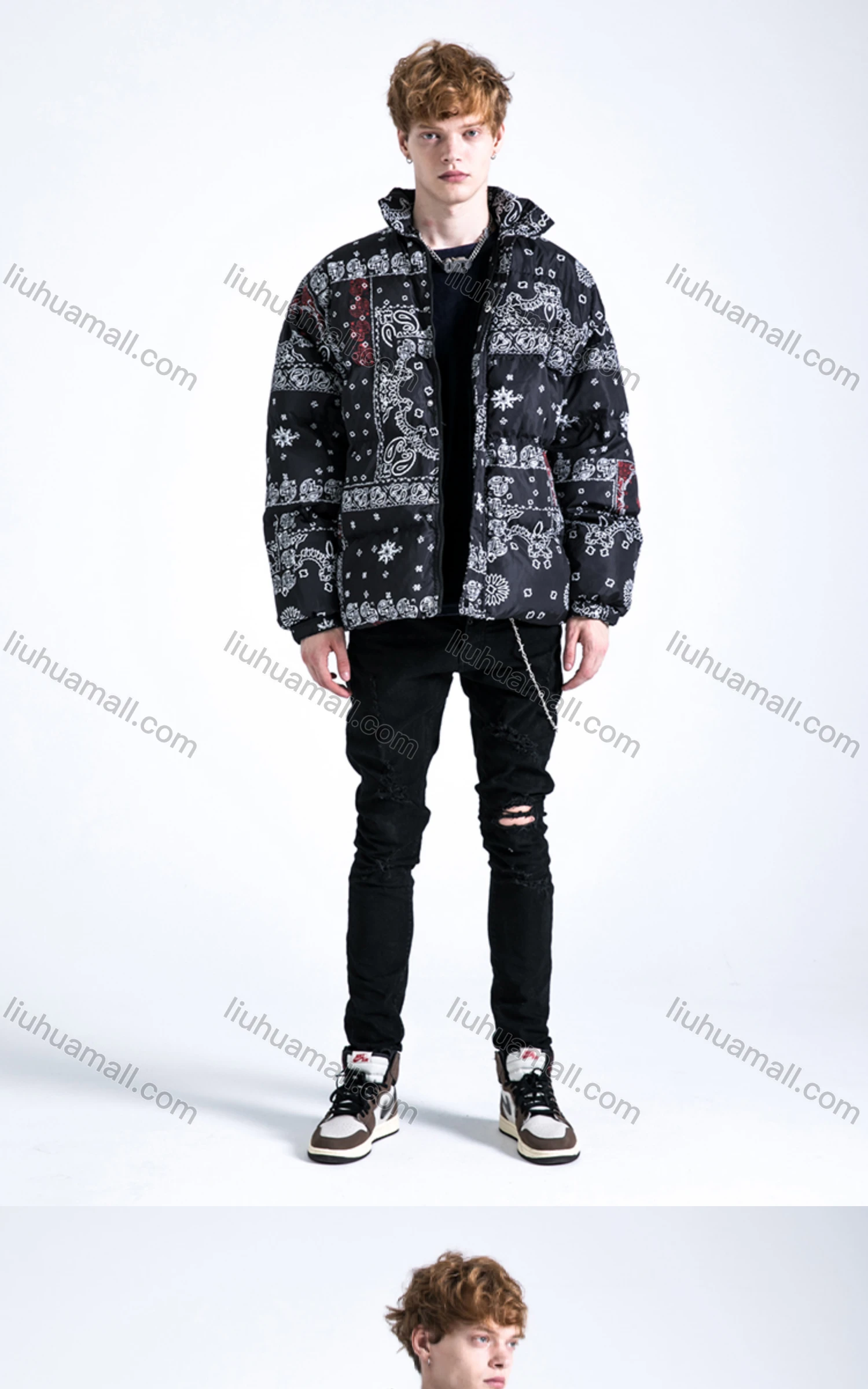 Wholesale Men's Fashion Long Sleeve Stand Collar Paisley Print Puffer Coat 909# - Liuhuamall