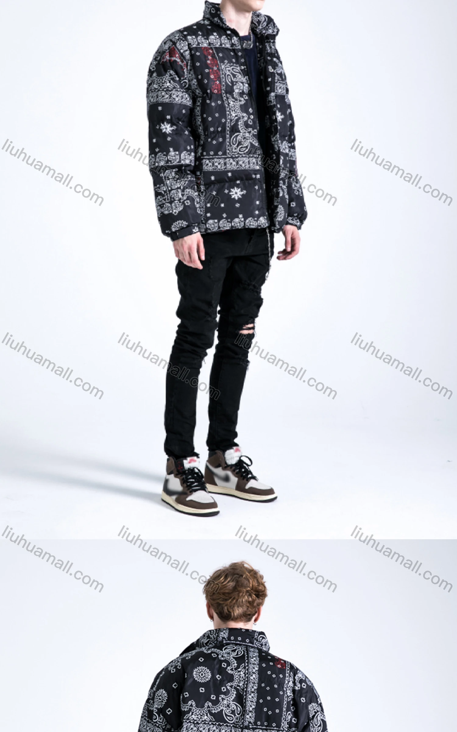 Wholesale Men's Fashion Long Sleeve Stand Collar Paisley Print Puffer Coat 909# - Liuhuamall