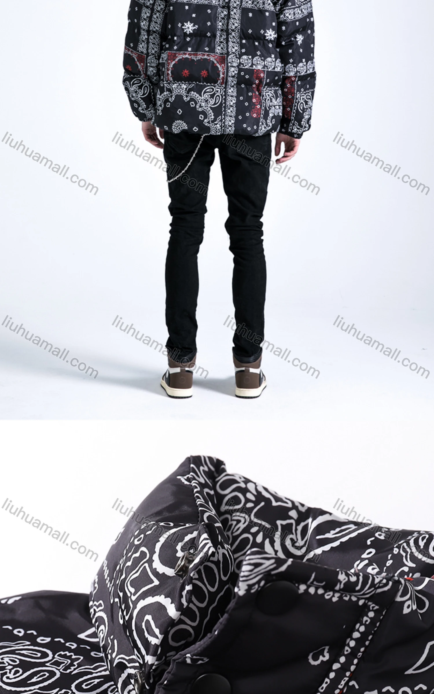 Wholesale Men's Fashion Long Sleeve Stand Collar Paisley Print Puffer Coat 909# - Liuhuamall