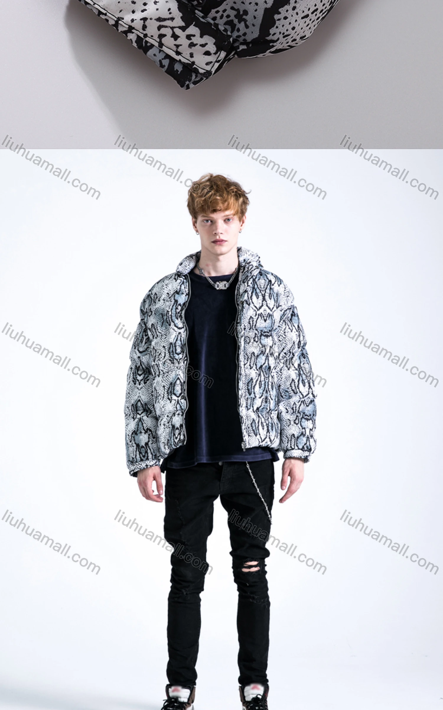 Wholesale Men's Fashion Long Sleeve Stand Collar Snakeskin Print Puffer Coat 910# - Liuhuamall