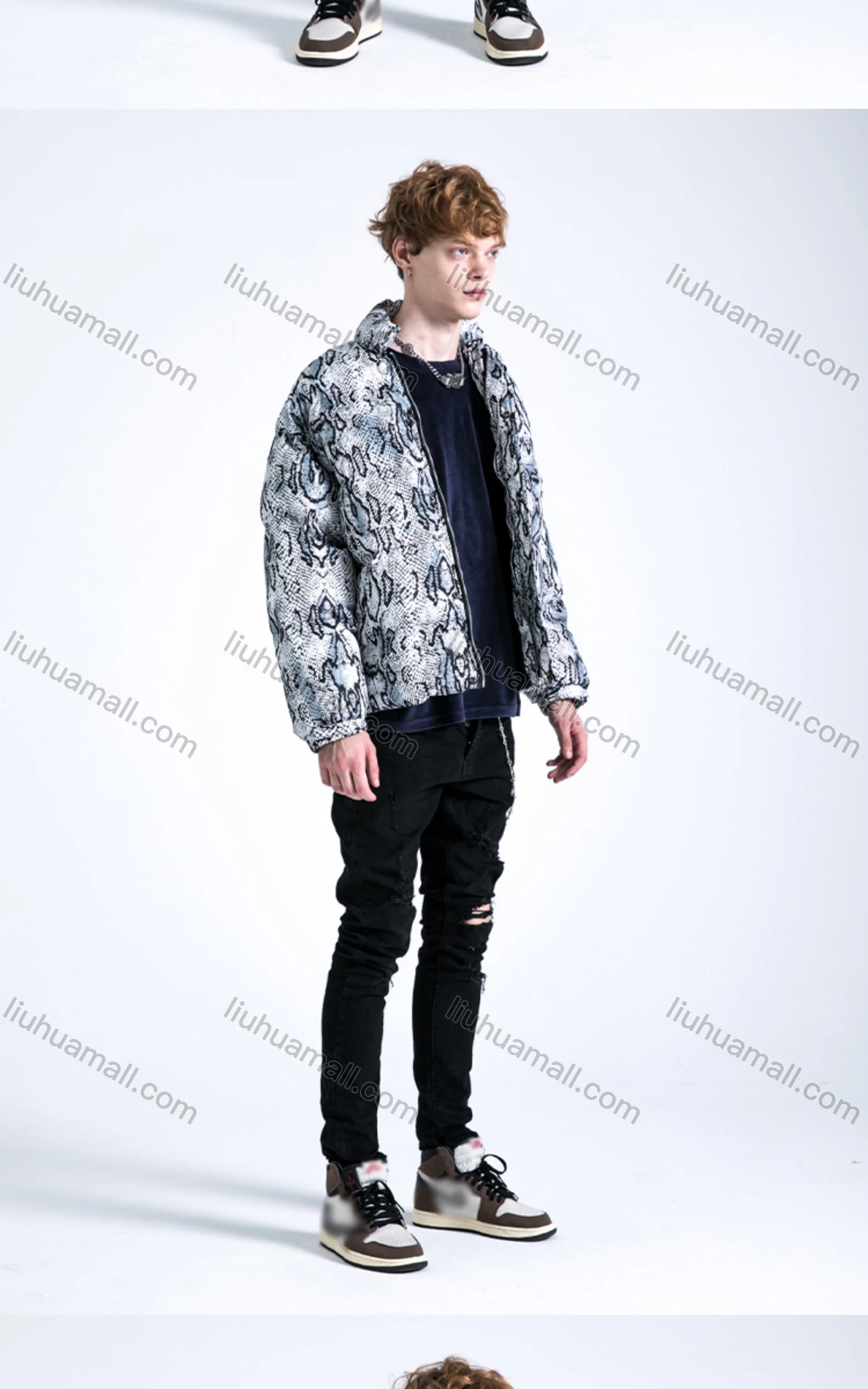 Wholesale Men's Fashion Long Sleeve Stand Collar Snakeskin Print Puffer Coat 910# - Liuhuamall