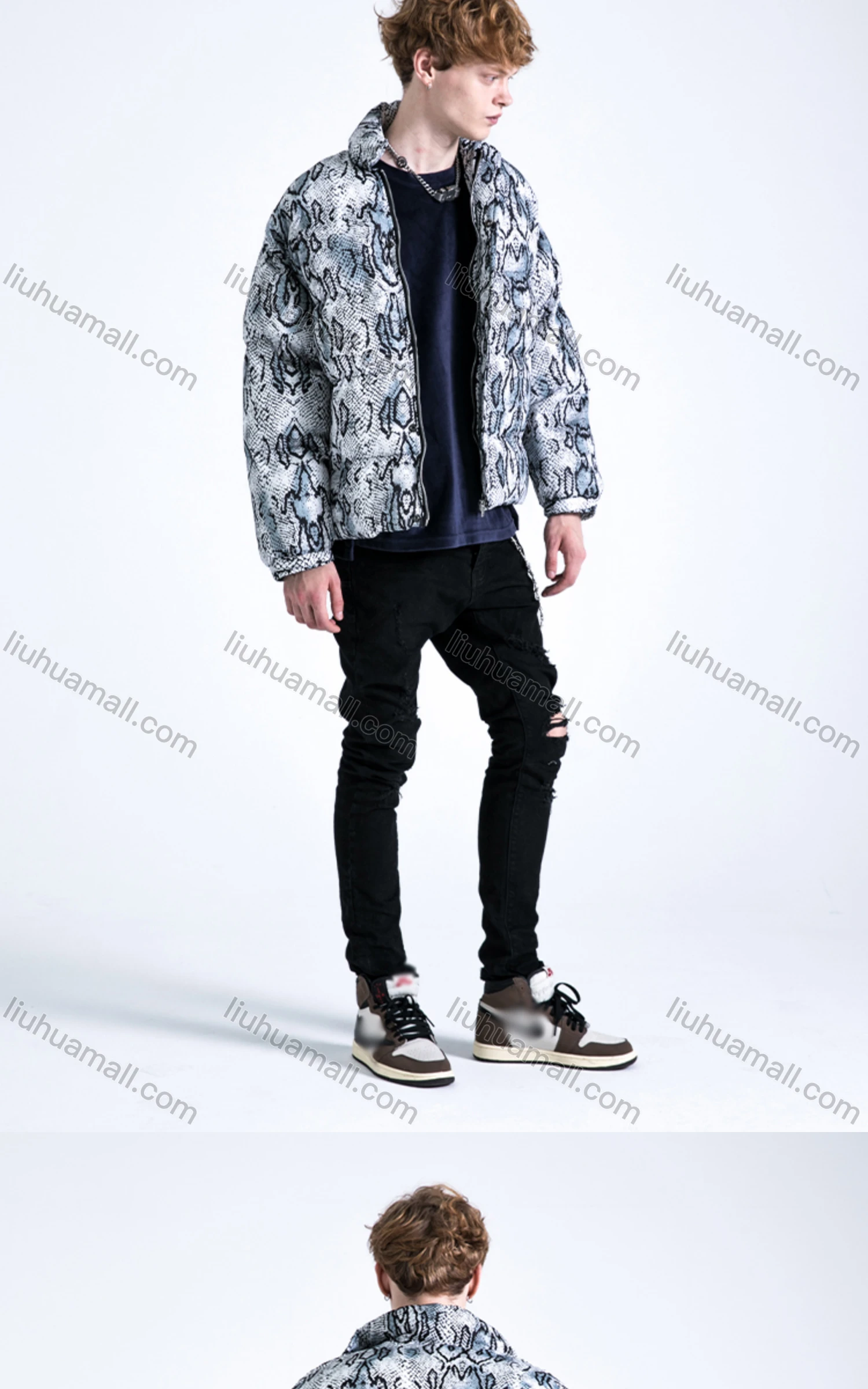 Wholesale Men's Fashion Long Sleeve Stand Collar Snakeskin Print Puffer Coat 910# - Liuhuamall