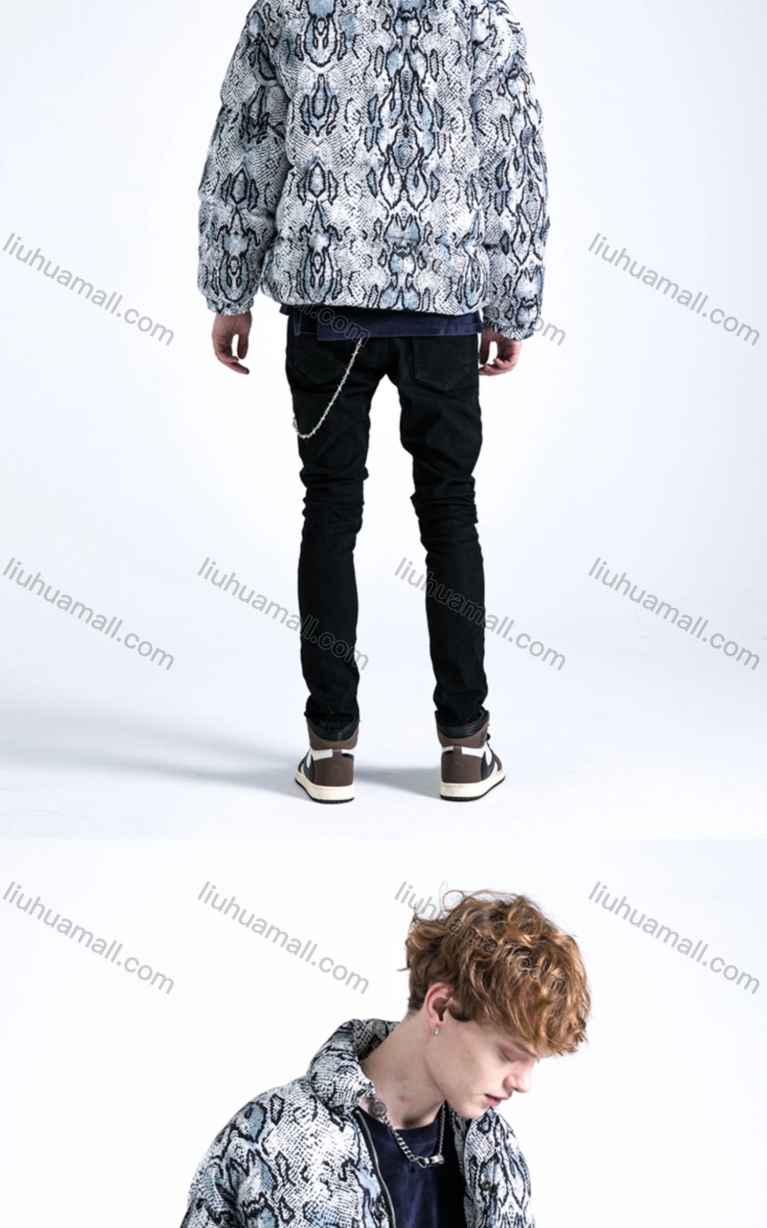 Wholesale Men's Fashion Long Sleeve Stand Collar Snakeskin Print Puffer Coat 910# - Liuhuamall