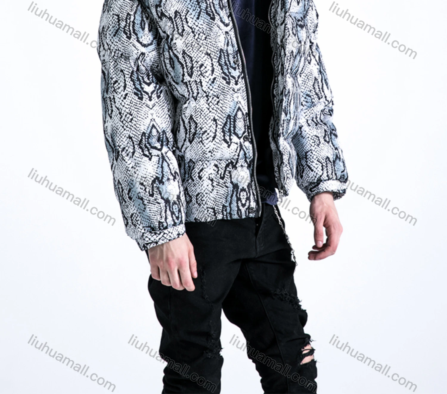 Wholesale Men's Fashion Long Sleeve Stand Collar Snakeskin Print Puffer Coat 910# - Liuhuamall